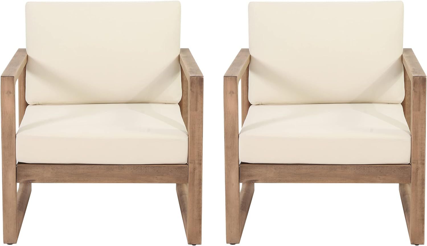 Outdoor Acacia Wood Club Chair With Cushions, Brown And Beige, 29.5'' D X 27.5'' W X 31.5'' H Brown Beige Acacia Wood