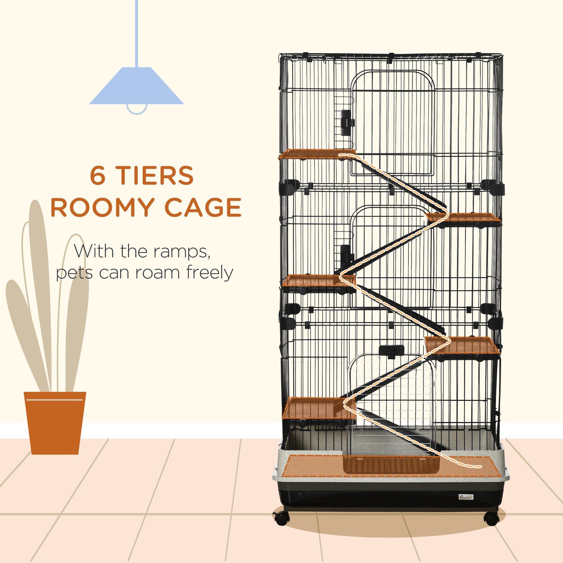 Pawhut 60" Small Animal Cage With Wheels, 6 Level Portable Bunny Cage, Chinchilla Ferret Cage With Removable Tray, Platforms And Ramps, Black Black Steel