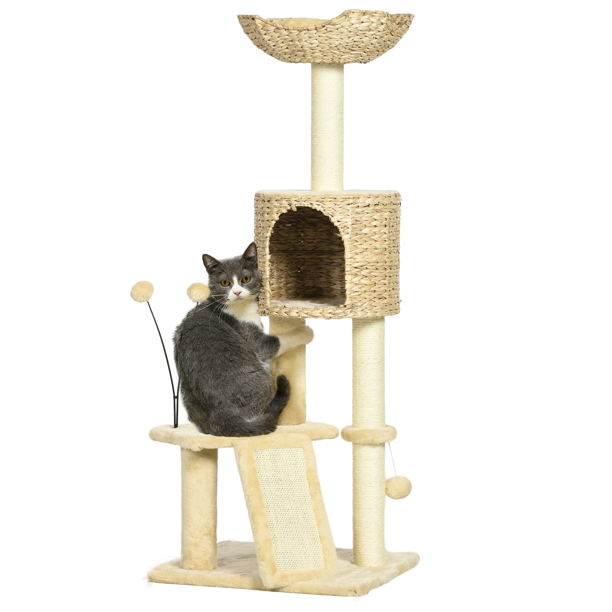 Pawhut 45" Cat Tree For Indoor Cats, Cat Tree Tower With Scratching Posts, Ramp, Condo, Toy Balls, Platforms, Bed, Ramp, Beige Beige Particle Board