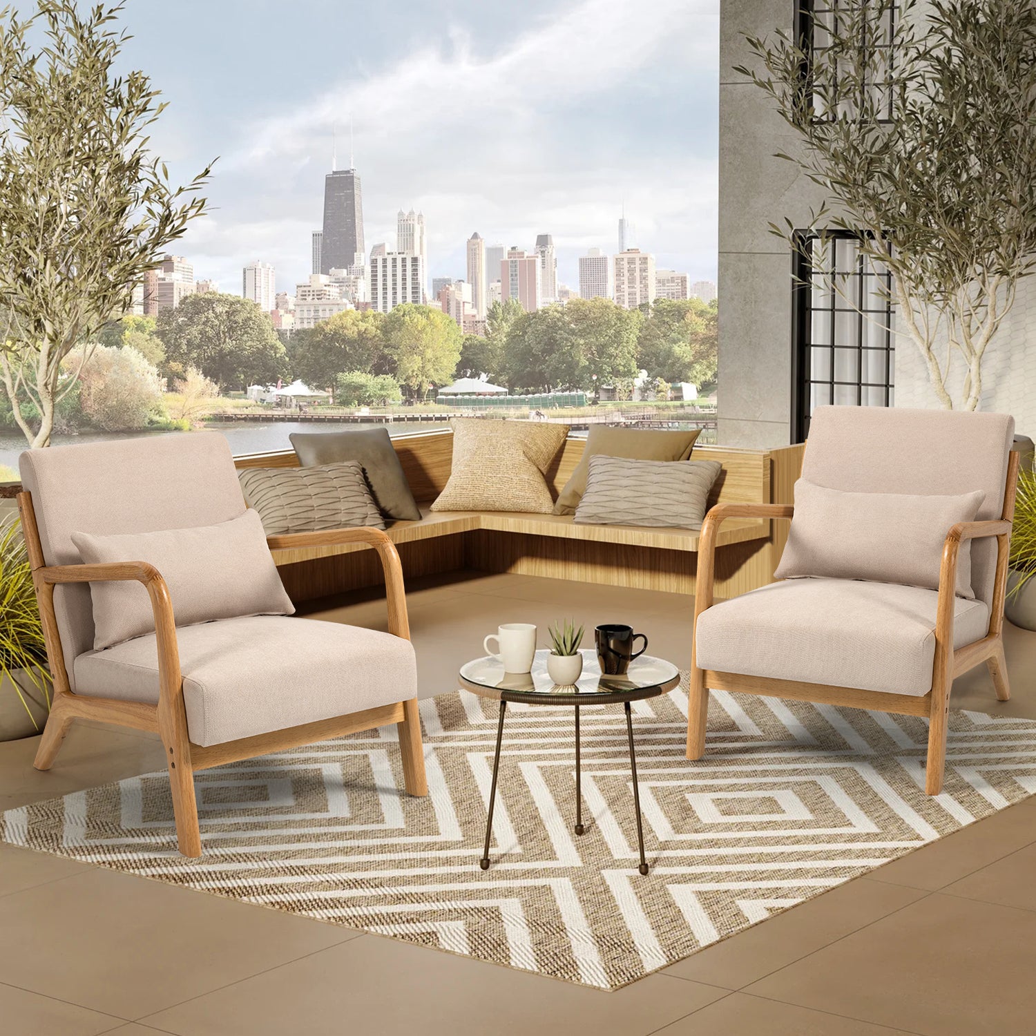 Leisure Chair With Solid Wood Armrest And Feet, Mid Century Modern Accent Sofa,1 Seat Beige Linen
