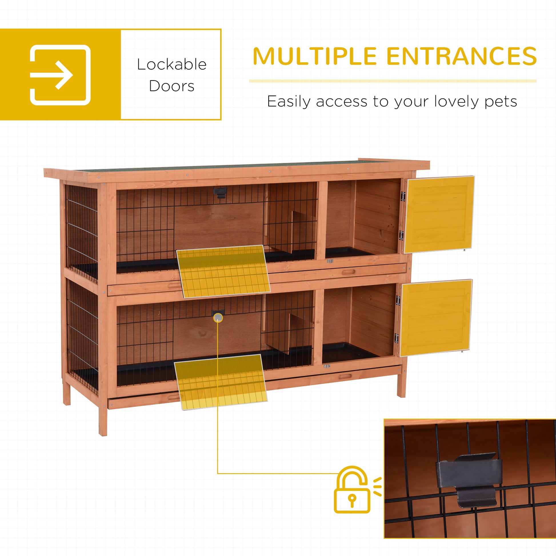 Pawhut 54" 2 Story Large Rabbit Hutch Bunny Cage Wooden Pet House Small Animal Habitat With Lockable Doors, No Leak Tray And Waterproof Roof For Outdoor Indoor Orange Orange Wood