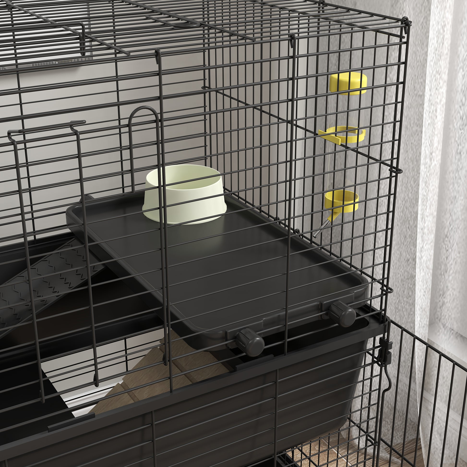 Pawhut Small Animal Cage With Playpen, Multi Level Pet Habitat Indoor For Guinea Pigs Hedgehogs Bunnies With Accessories, Water Bottle, Food Dish, Feeding Trough, 42" X 33" X 36" Black Steel