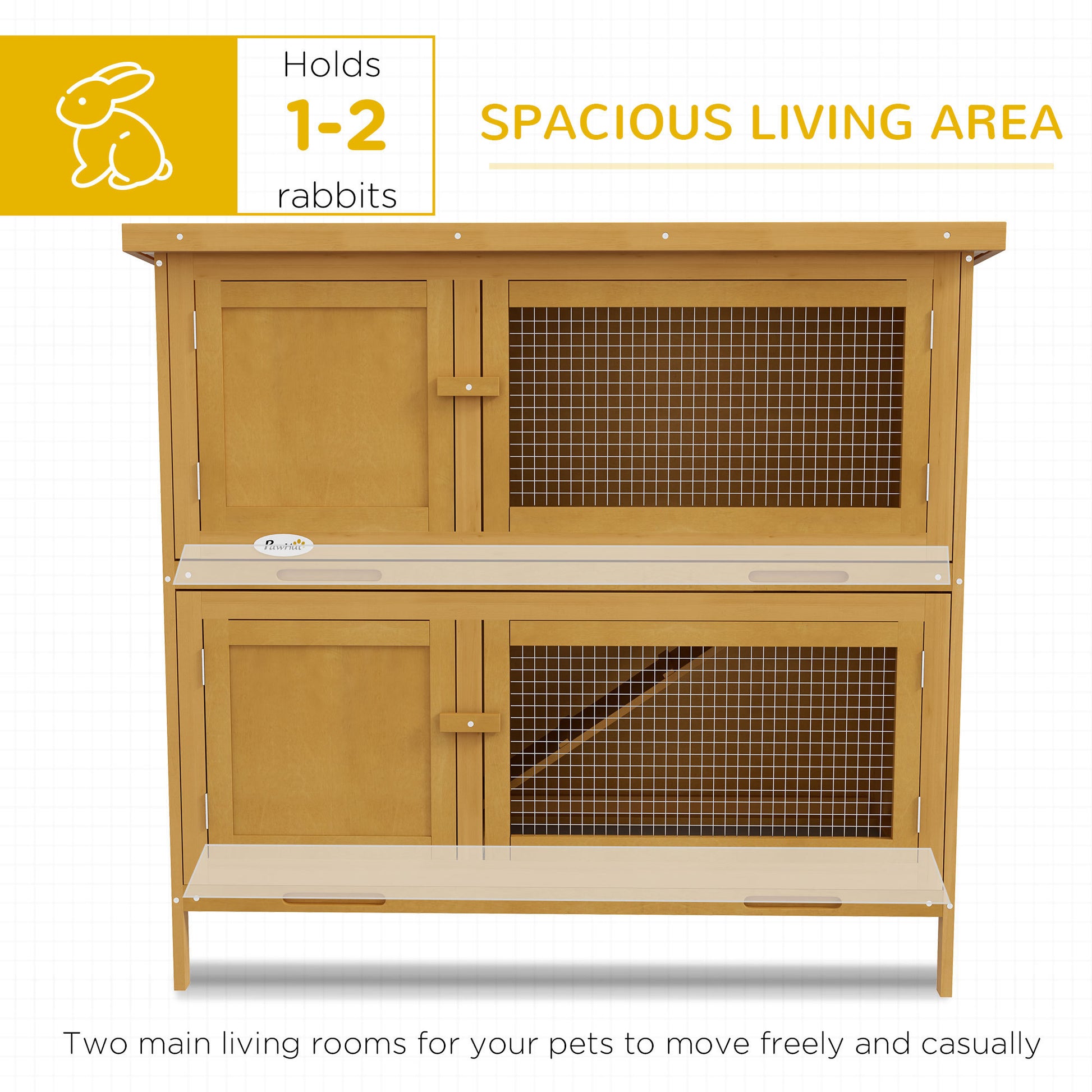 Pawhut Wooden Bunny Rabbit Hutch, Small Animal Habitat With Ramp, Removable Tray & Weatherproof Roof, Indoor Outdoor, Yellow Yellow Wood