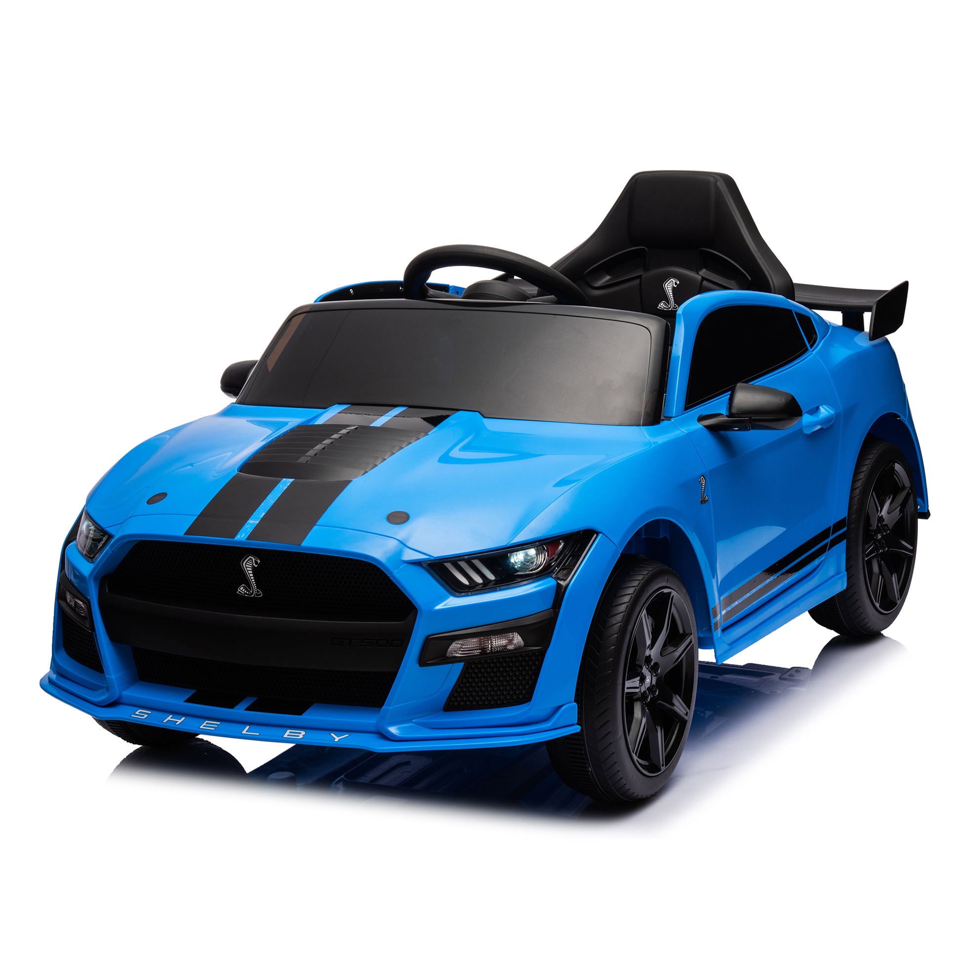 12V Ford Mustang Shelby Gt500 Ride On Car With Remote Control 3 Speeds, Electric Vehicle Toy For Kid,Led Lights, Radio, Aux Usb Mp3 Music,Safe Belt,Age3 Blue Plastic