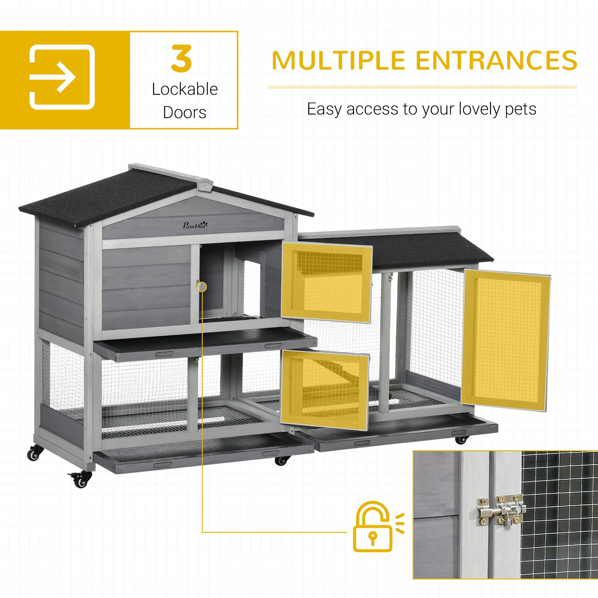 Pawhut 62" Wooden Rabbit Hutch, Bunny Cage, Pet Playpen House With Wheels, Run Box, No Leak Tray, And Ramp For Small Animals, Indoor Outdoor Use, Light Gray Gray Wood