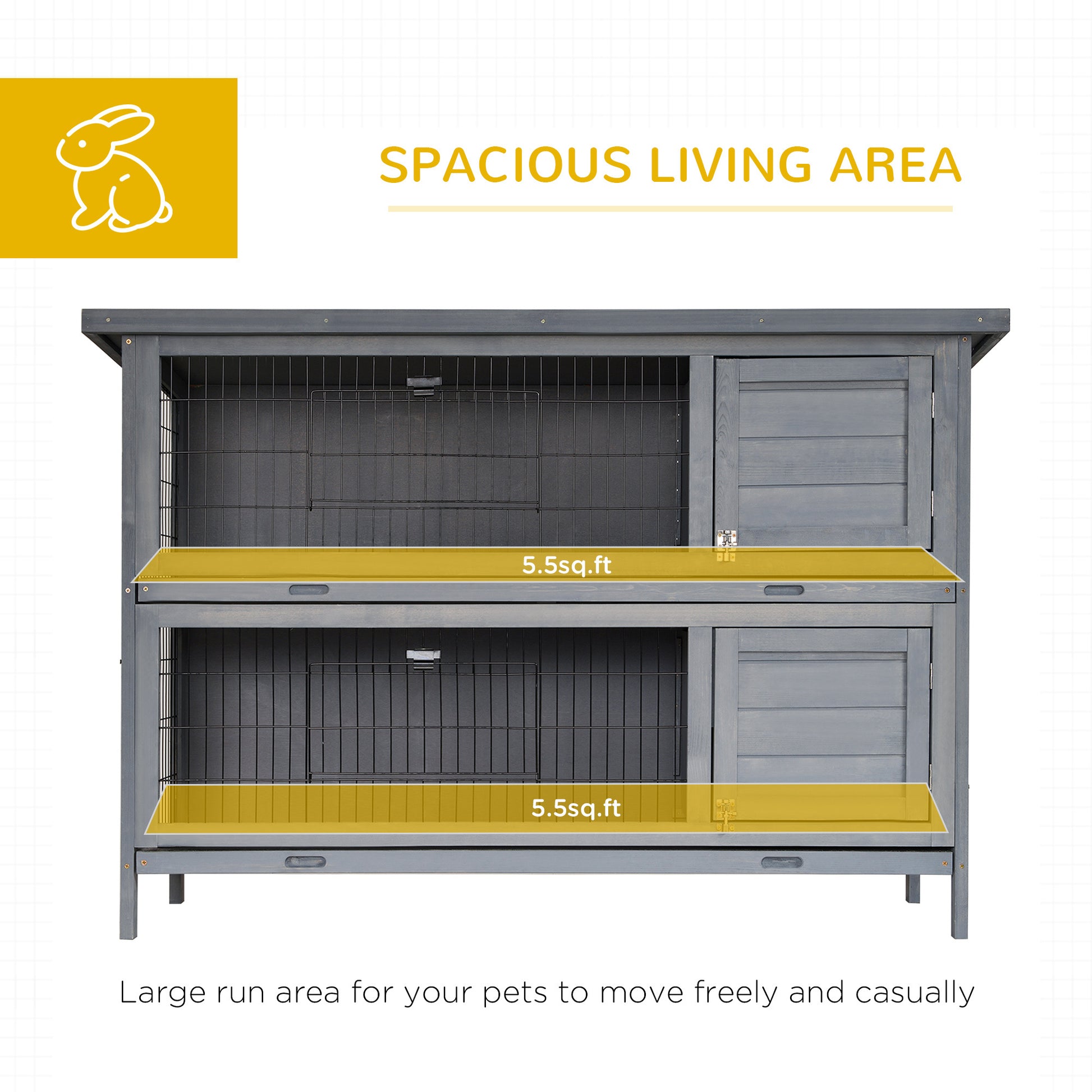 Pawhut 54" 2 Story Large Rabbit Hutch Bunny Cage Wooden Pet House Small Animal Habitat With Lockable Doors, No Leak Tray And Waterproof Roof For Outdoor Indoor Grey Gray Wood