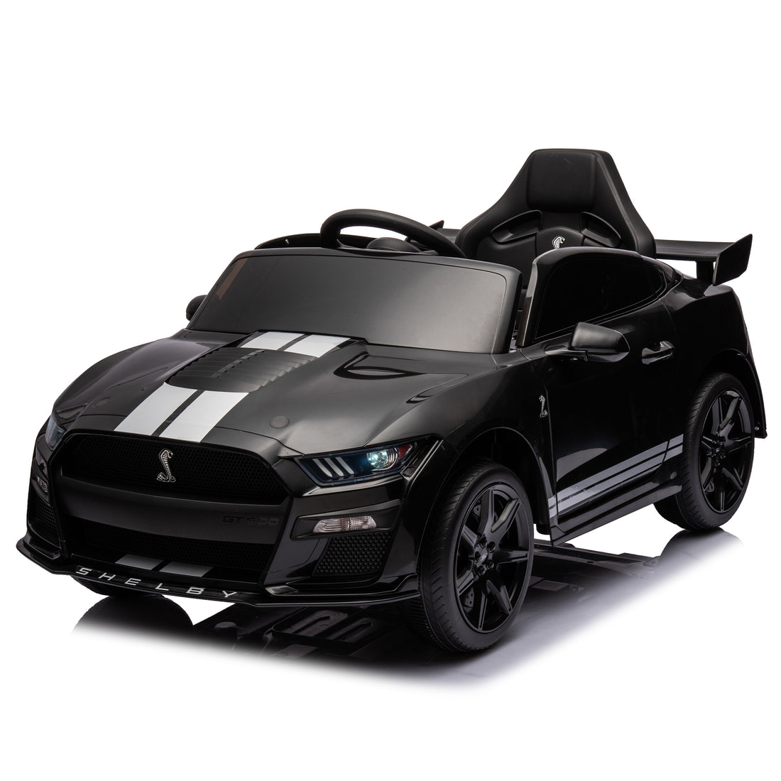 12V Ford Mustang Shelby Gt500 Ride On Car With Remote Control 3 Speeds, Electric Vehicle Toy For Kid,Led Lights, Radio, Aux Usb Mp3 Music,Safe Belt,Age3 Black Plastic