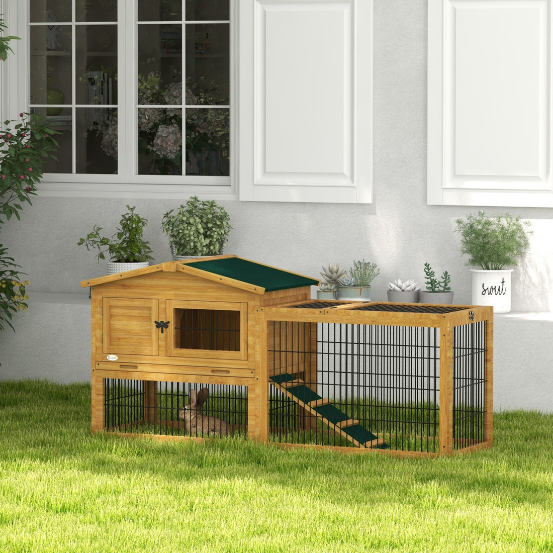 Pawhut 2 Levels Outdoor Rabbit Hutch With Openable Top, 59" Wooden Large Rabbit Cage With Run Weatherproof Roof, Removable Tray, Ramp, Yellow Yellow Wood