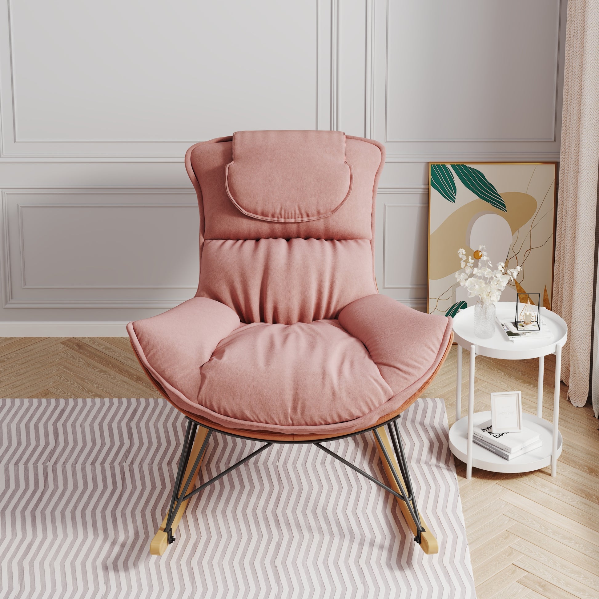 Leisure Sofa Single Rocking Chair, Light Luxury Sofa Chair, Balcony Leisure Area Single Chair, Comfortable And Characteristic Chair, Detachable And Washable Seat Cushion Color: Pink Pink Velvet