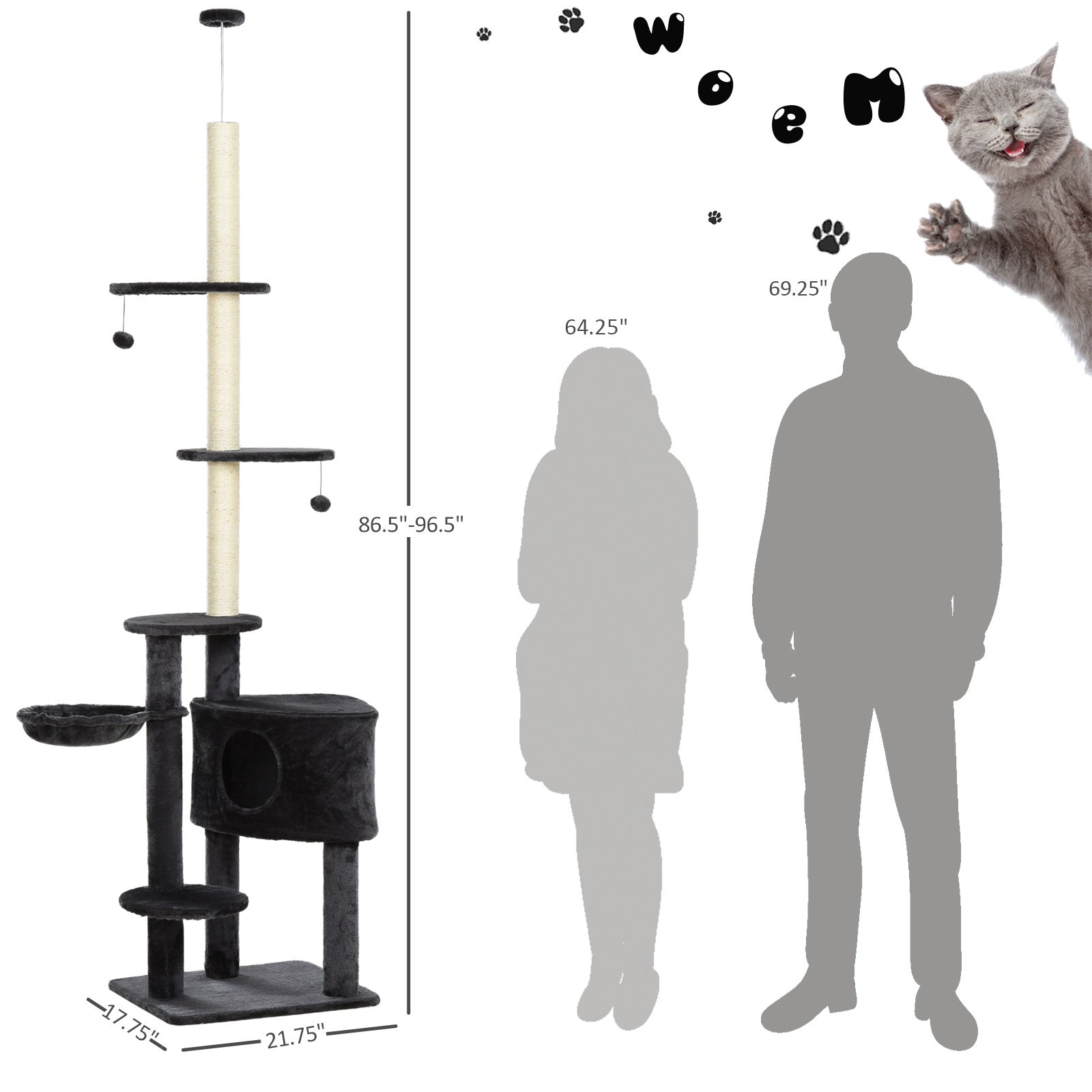 Pawhut Adjustable Height Floor To Ceiling Vertical Cat Tree With Carpet Platforms, Condo & Rope Scratching Areas, Dark Grey Gray Particle Board