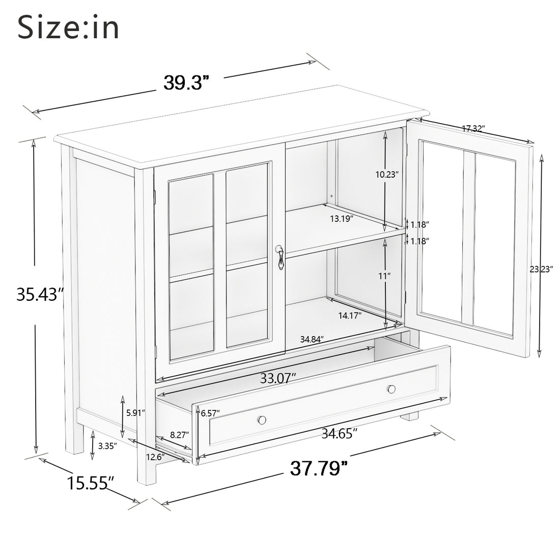 Buffet Storage Cabinet With Double Glass Doors And Unique Bell Handle White Mdf