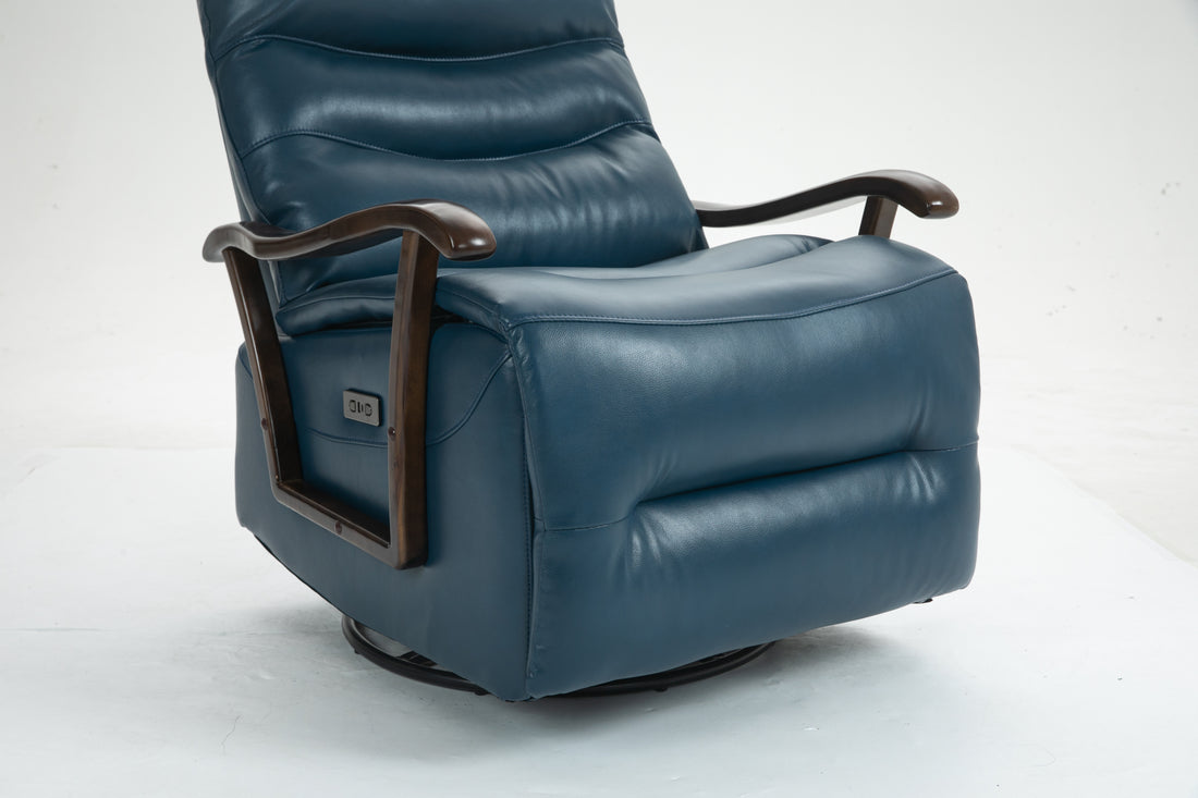 Swivel Rocker Recliner Power Glider Chair With Solid Wood Armrests Extra Wide Reclining Sofa Chair Upholstered Faux Leather Living Room Single Sofa 350 Lbs Blue Pu Leather