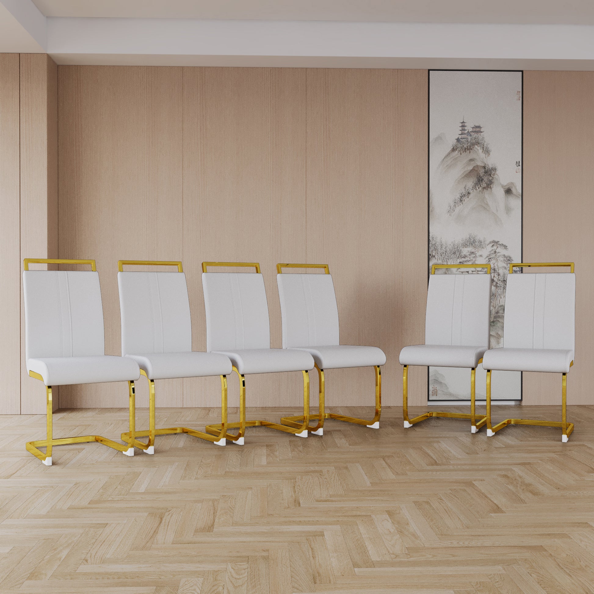 Modern Dining Chairs,Pu Faux Leather High Back Upholstered Side Chair With C Shaped Tube. Plating Golden Metal Legs For Dining Room Kitchen Vanity Patio Club Guest Office Chair Set Of 2 White Pu White Kitchen Dining Chairs Foam Pu