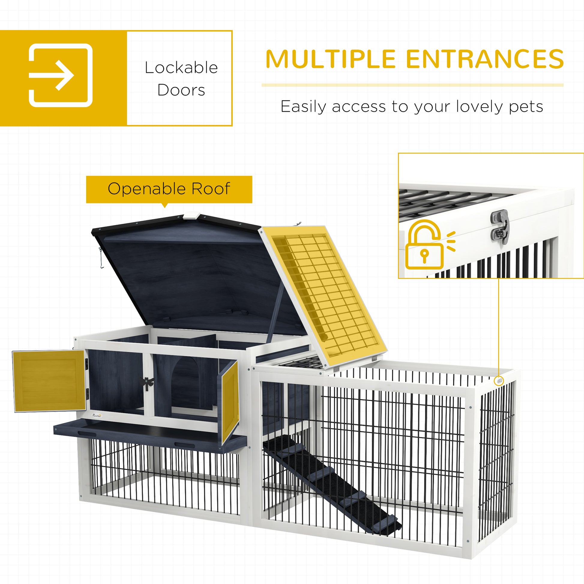 Pawhut 2 Levels Outdoor Rabbit Hutch With Openable Top, 59" Wooden Large Rabbit Cage With Run Weatherproof Roof, Removable Tray, Ramp, Dark Gray Gray Wood