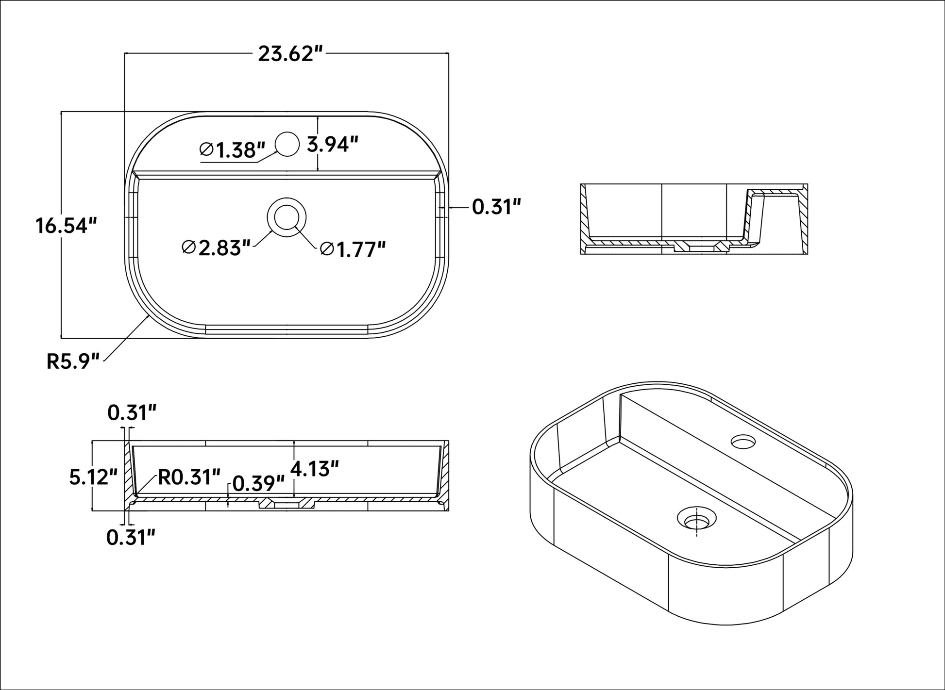 23.6" Solid Surface Basin White Bathroom Classic,Luxury,Modern Solid Surface Solid Surface