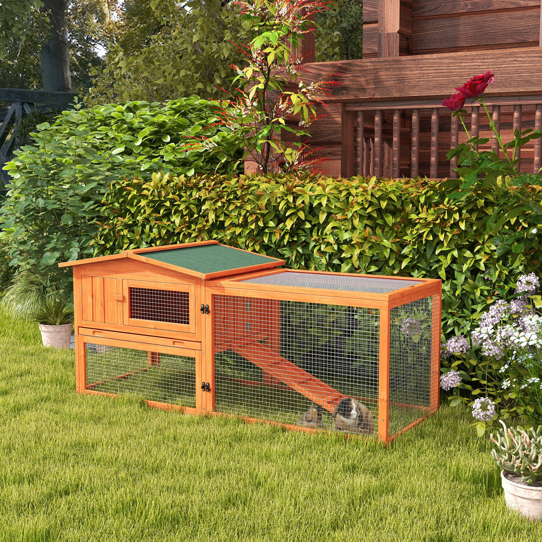 Pawhut Rabbit Hutch 2 Story Bunny Cage Small Animal House With Slide Out Tray, Detachable Run, For Indoor Outdoor, 61.5" X 23" X 27", Orange Orange Wood