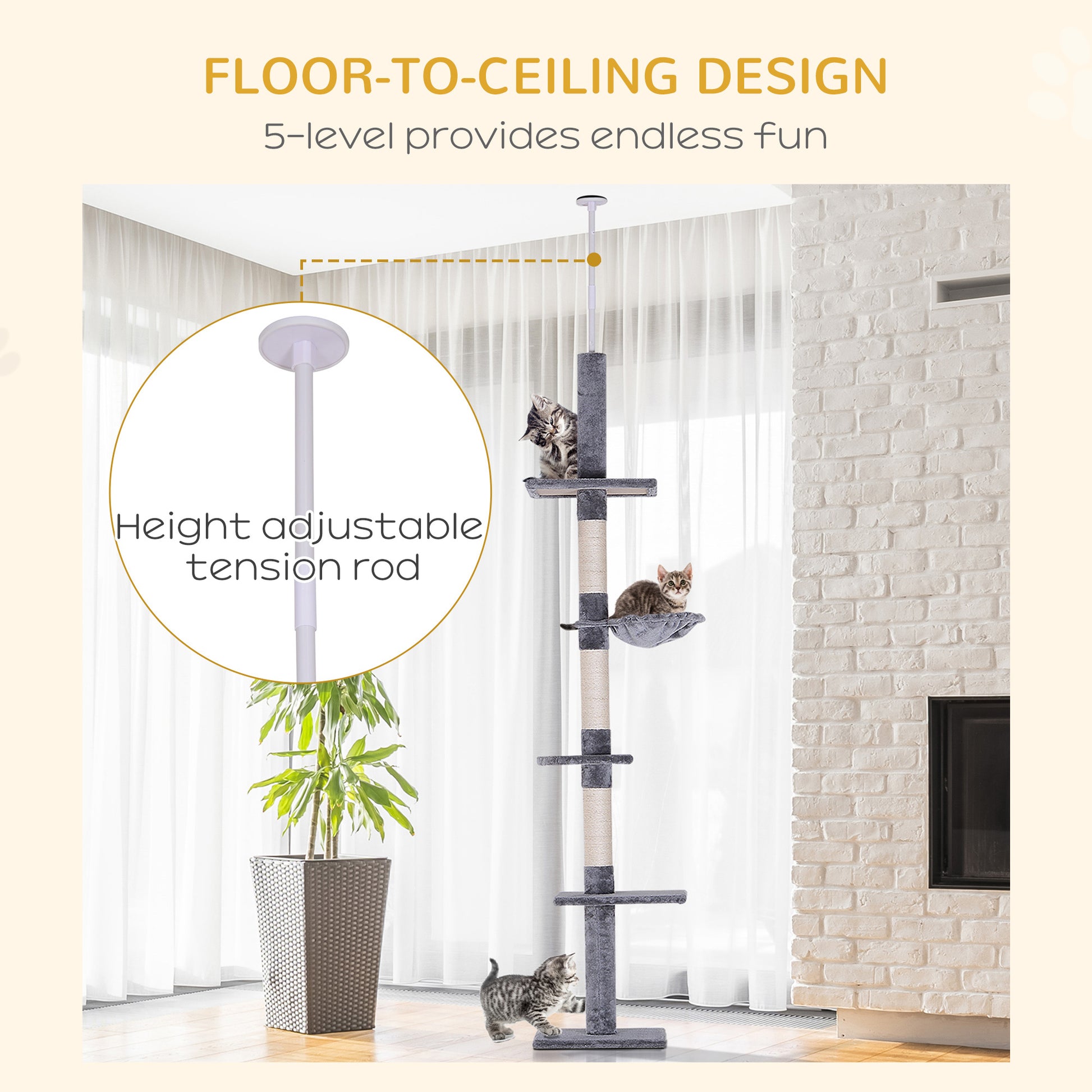 Pawhut 9' Adjustable Height Floor To Ceiling Vertical Cat Tree Grey And White Gray Particle Board