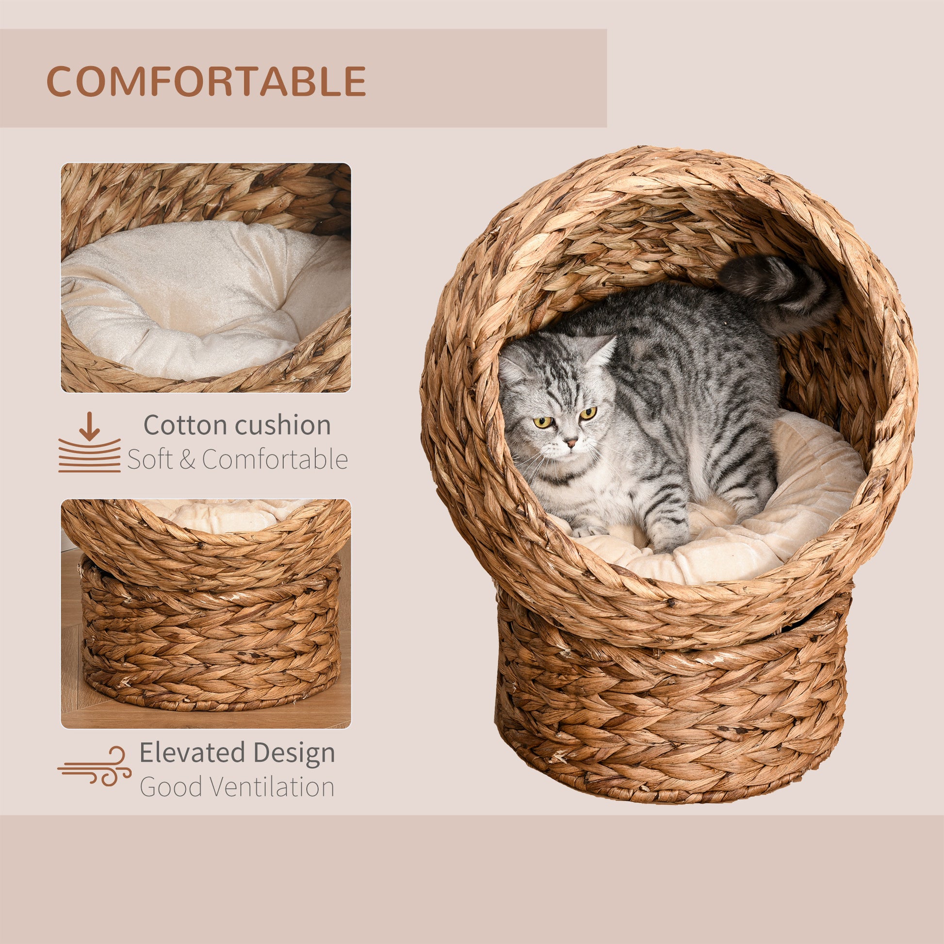 Pawhut Handwoven Elevated Cat Bed With Soft Cushion & Cat Egg Chair Shape, Cat Basket Bed Kitty House With Stand, Raised Wicker Cat Bed For Indoor Cats, 23.5" H, Brown Brown Rattan