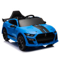 12V Ford Mustang Shelby Gt500 Ride On Car With Remote Control 3 Speeds, Electric Vehicle Toy For Kid,Led Lights, Radio, Aux Usb Mp3 Music,Safe Belt,Age3 Blue Plastic