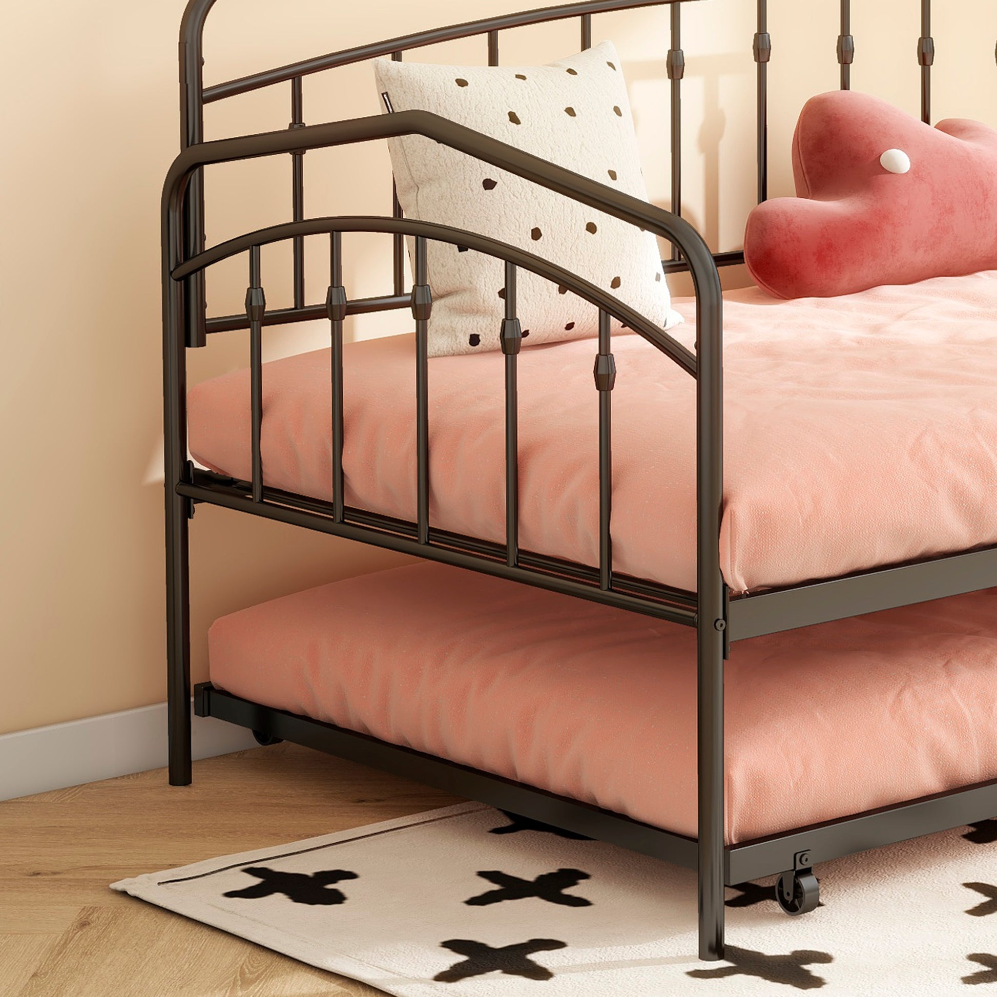 Fox Twin Daybed With Twin Trundle, Black Box Spring Not Required Twin Black Metal Bedroom Daybeds Metal