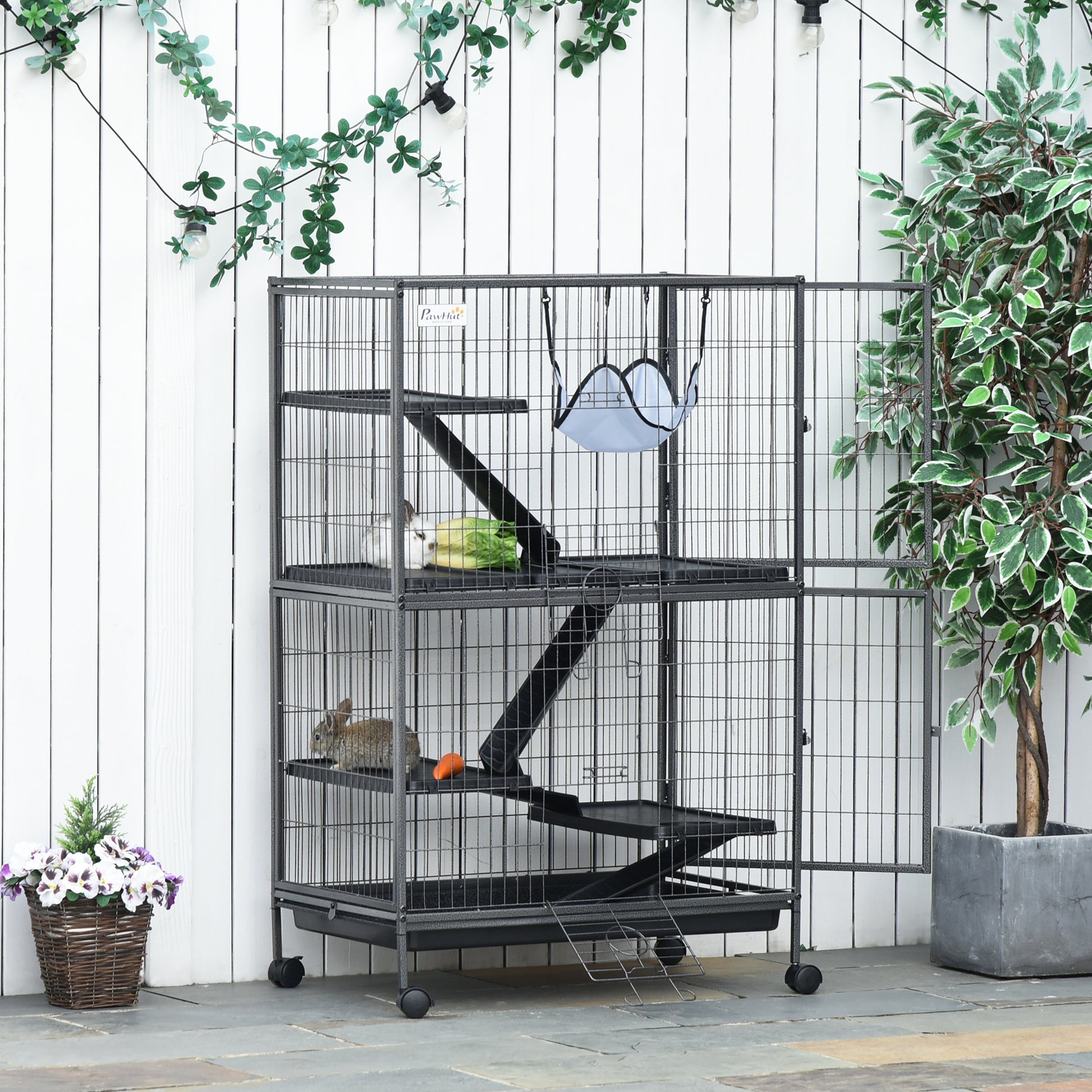 Pawhut 50" H 5 Tier Small Animal Cage, Ferret Cage, Large Chinchilla Cage With Hammock Accessory Heavy Duty Steel Wire, Small Animal Habitat With 4 Doors, Removable Tray, Silver Gray Steel