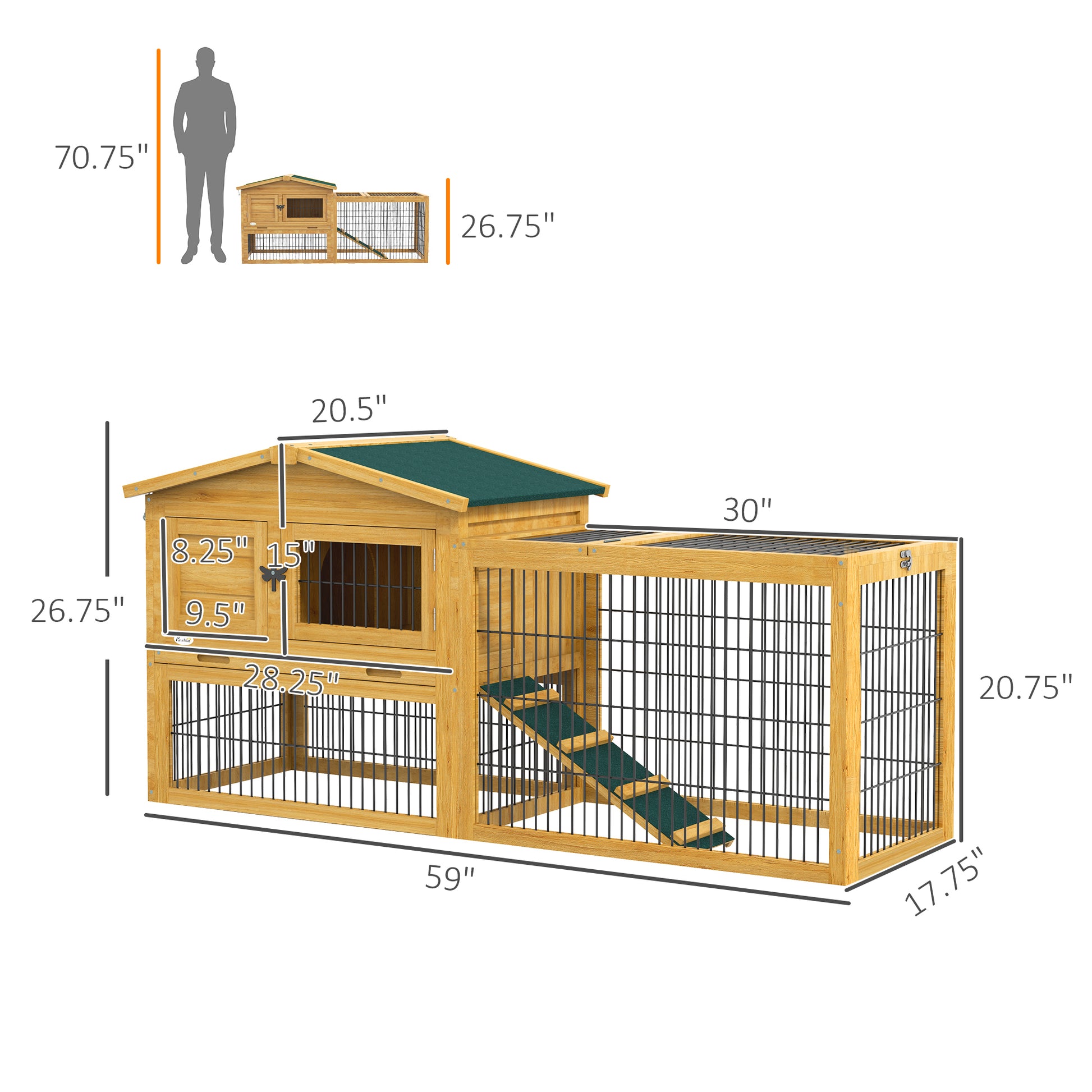 Pawhut 2 Levels Outdoor Rabbit Hutch With Openable Top, 59" Wooden Large Rabbit Cage With Run Weatherproof Roof, Removable Tray, Ramp, Yellow Yellow Wood