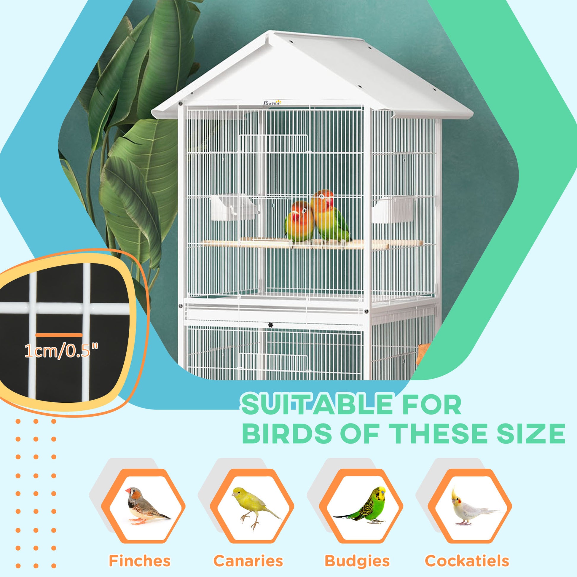 Pawhut Wrought Metal Bird Cage Feeder With Rolling Stand Perches Food Containers Doors Wheels 67" H, White White Wood