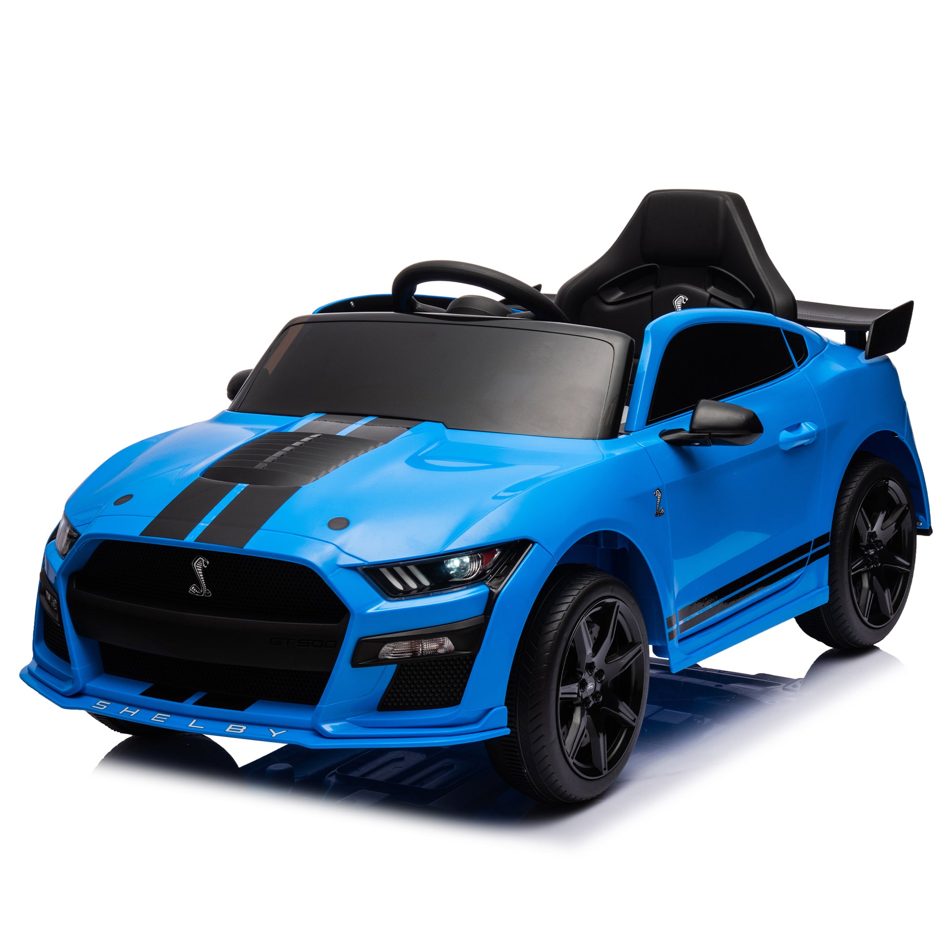 12V Ford Mustang Shelby Gt500 Ride On Car With Remote Control 3 Speeds, Electric Vehicle Toy For Kid,Led Lights, Radio, Aux Usb Mp3 Music,Safe Belt,Age3 Blue Plastic