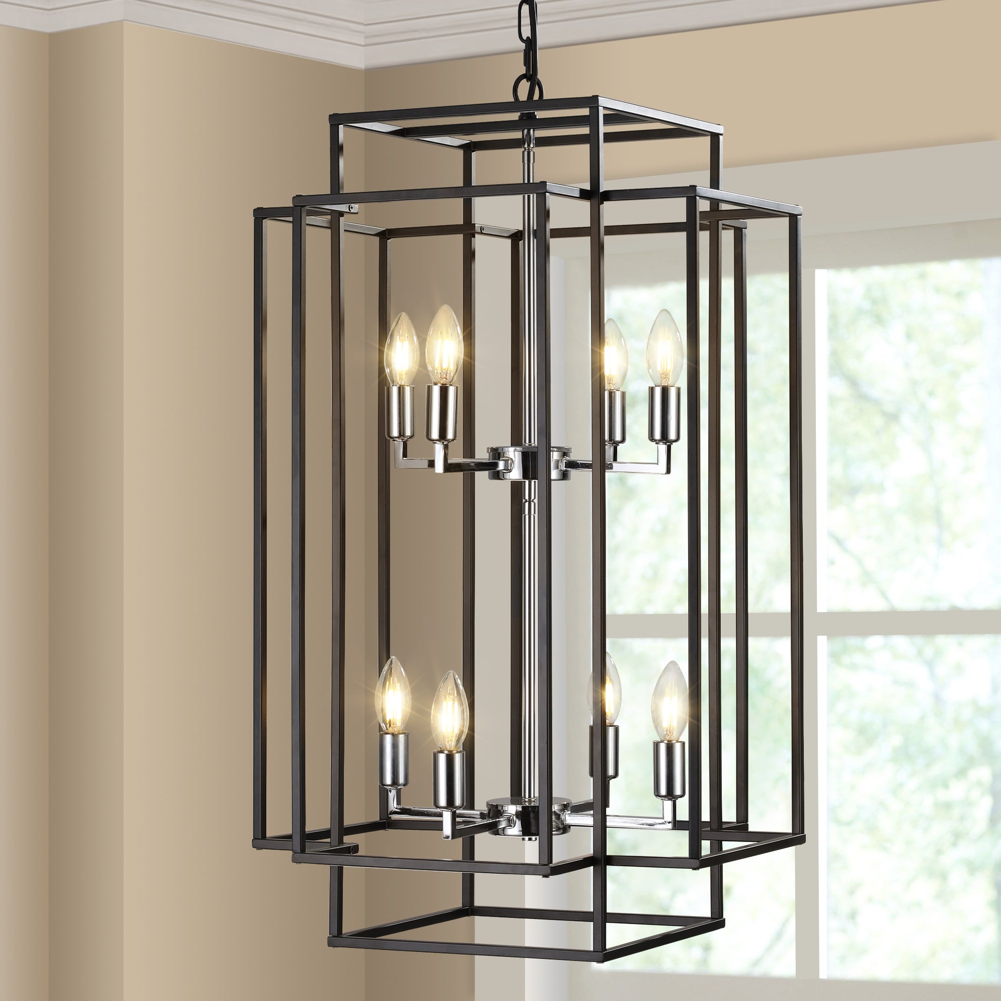 Same As W1340142525 L1018 C 8 Lights Lantern Tiered Pendant Light Fixtures, Industrial Farmhouse Hanging Chandelier For Entryway, Foyer, Living Room, Kitchen Island, Staircase Black & Silver Chrome Farmhouse Iron