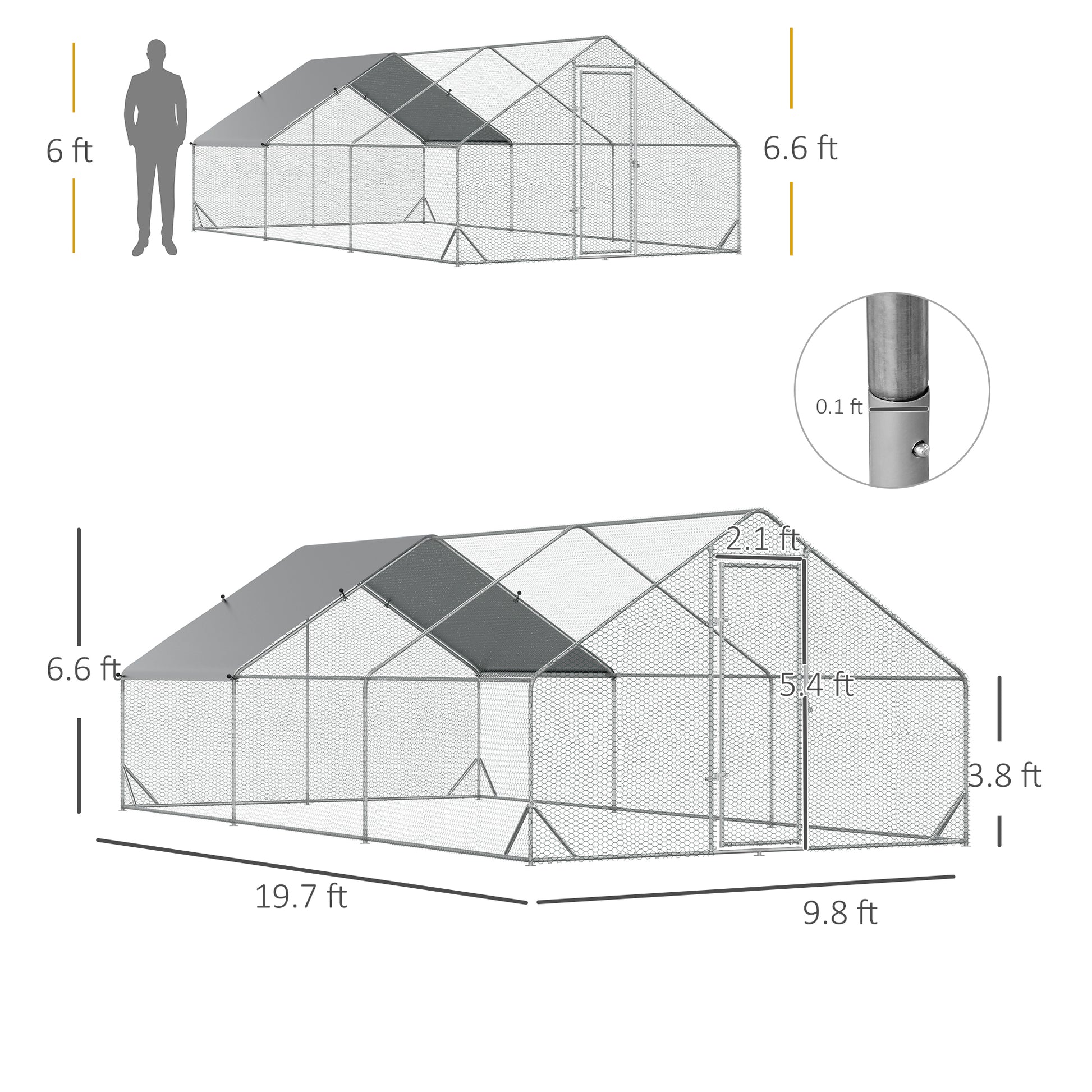 Pawhut Large Chicken Coop Metal Chicken Run With Waterproof And Anti Uv Cover, Spire Shaped Walk In Fence Cage Hen House For Outdoor And Yard Farm Use, 1" Tube Diameter, 9.8' X 19.7' X 6.6' Silver Steel