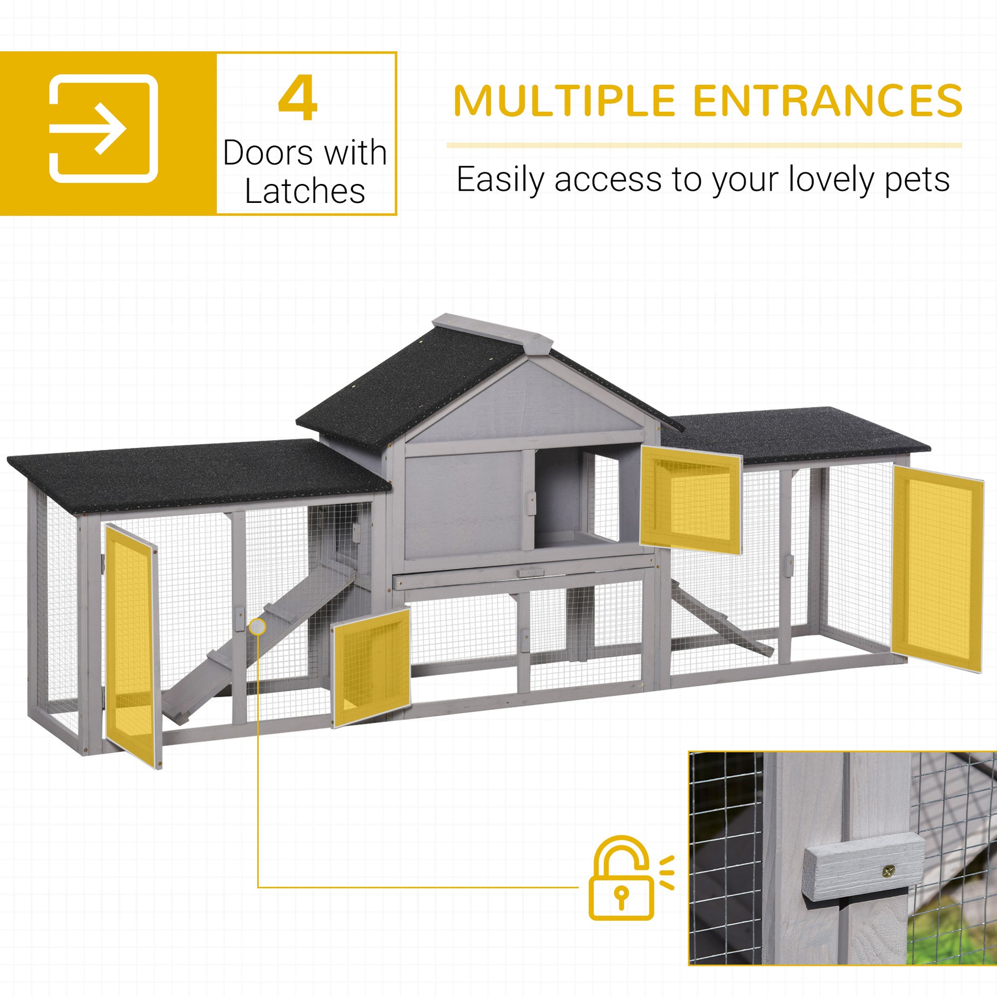 Pawhut 83"L Outdoor Rabbit Hutch, Guinea Pig Cage Indoor Outdoor Wooden Bunny Hutch With Double Runs, Weatherproof Roof, Removable Tray, Ramps, Gray Gray Wood