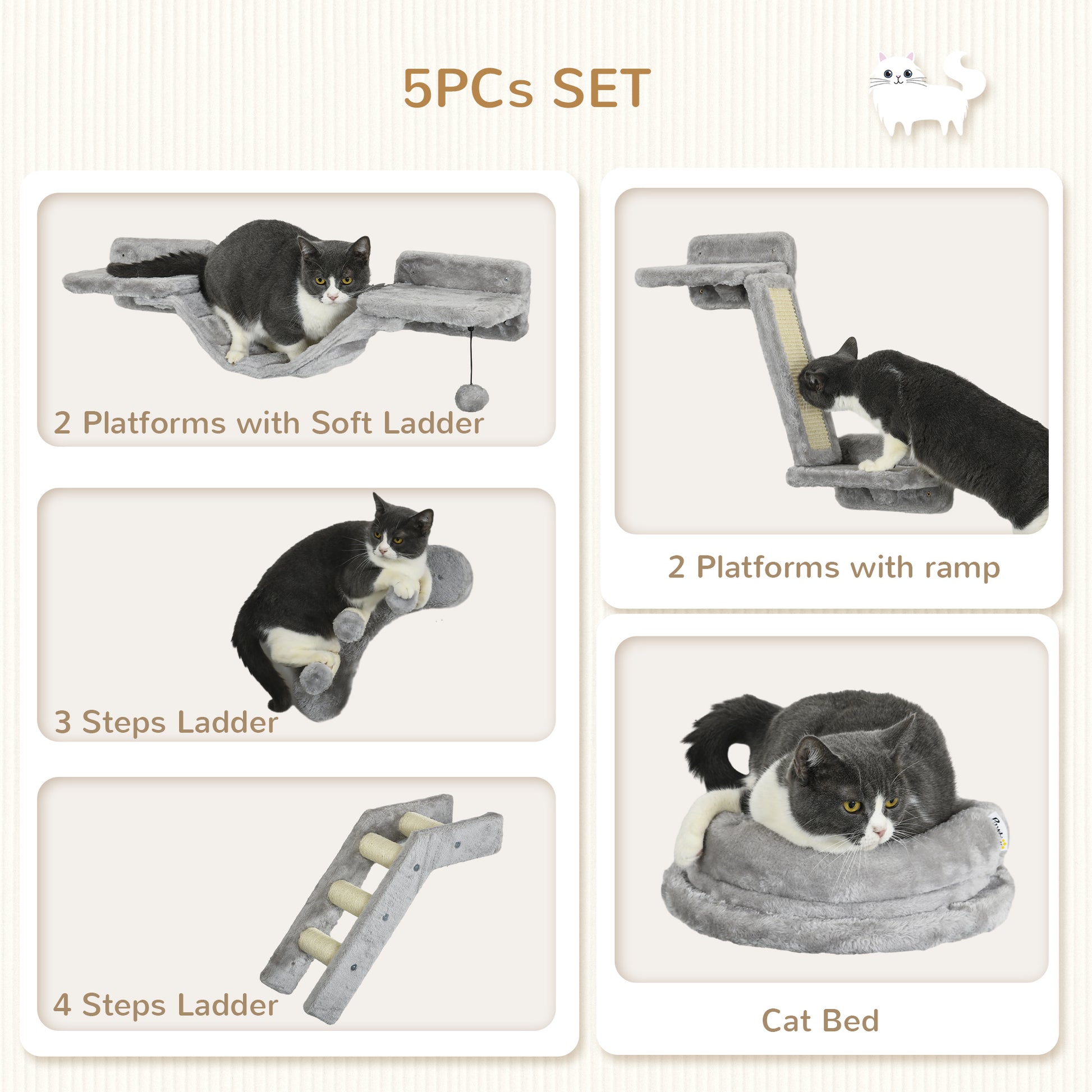 Pawhut 5Pcs Cat Wall Shelves, Cat Wall Furniture With Steps, Perches, Ladders, Platforms, Wall Mounted Cat Furniture With Soft Plush, Sisal, For Indoor Cats, Gray Gray Particle Board