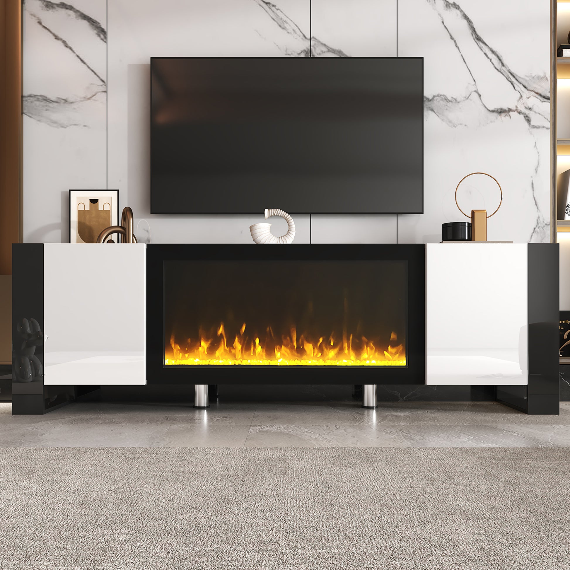 Modern Tv Stand With 34.2" Non Heating Electric Fireplace, High Gloss Entertainment Center With 2 Cabinets, Media Console For Tvs Up To 78", White White Primary Living Space 70 79 Inches 70 79 Inches Modern Mdf