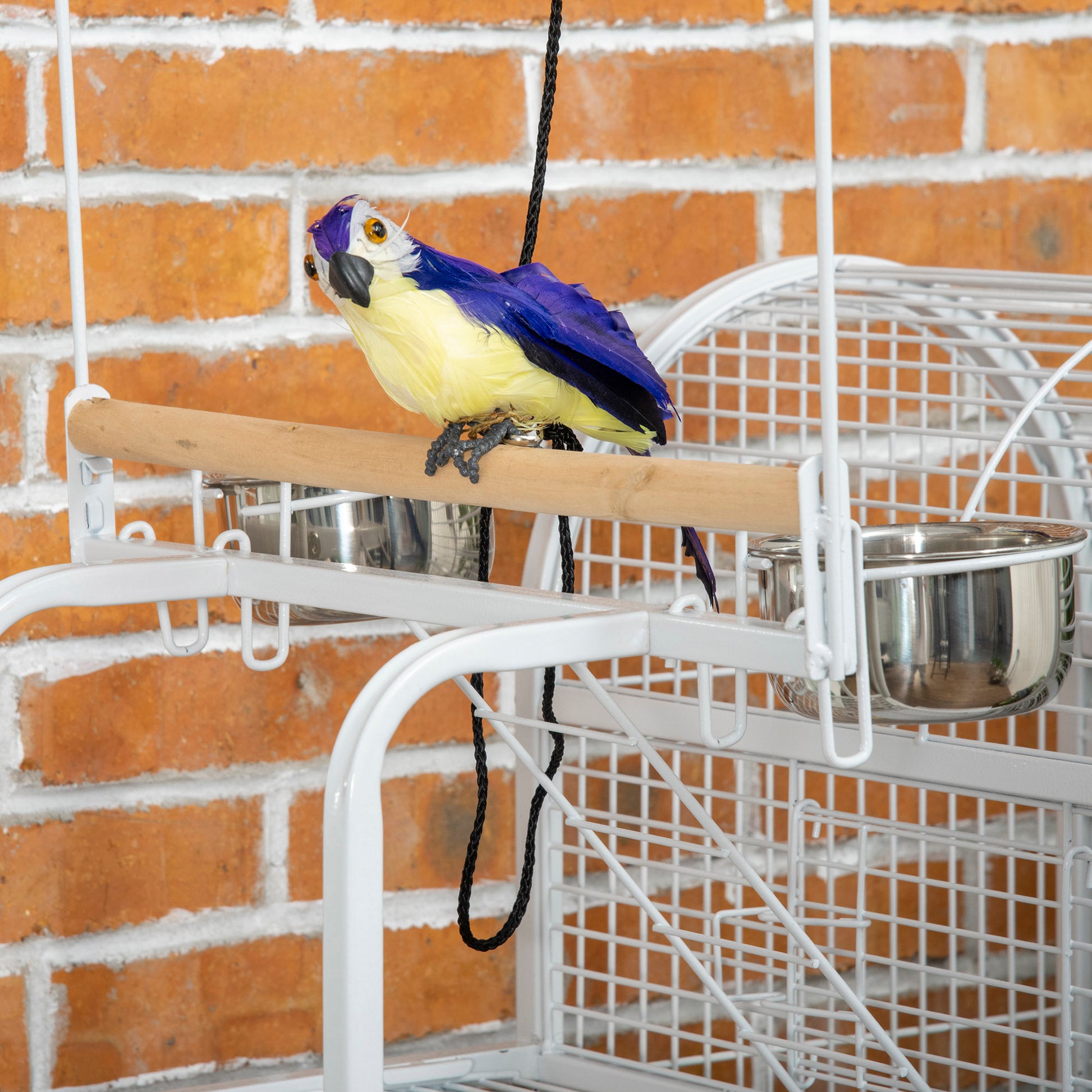 Pawhut 55" Large Parrot Cage With Toy Hooks Above Top Bird Perch, Tray, Food Cups, Rolling Stand, Bird Cage For Cockatiels, Parakeets, Lovebirds White Steel