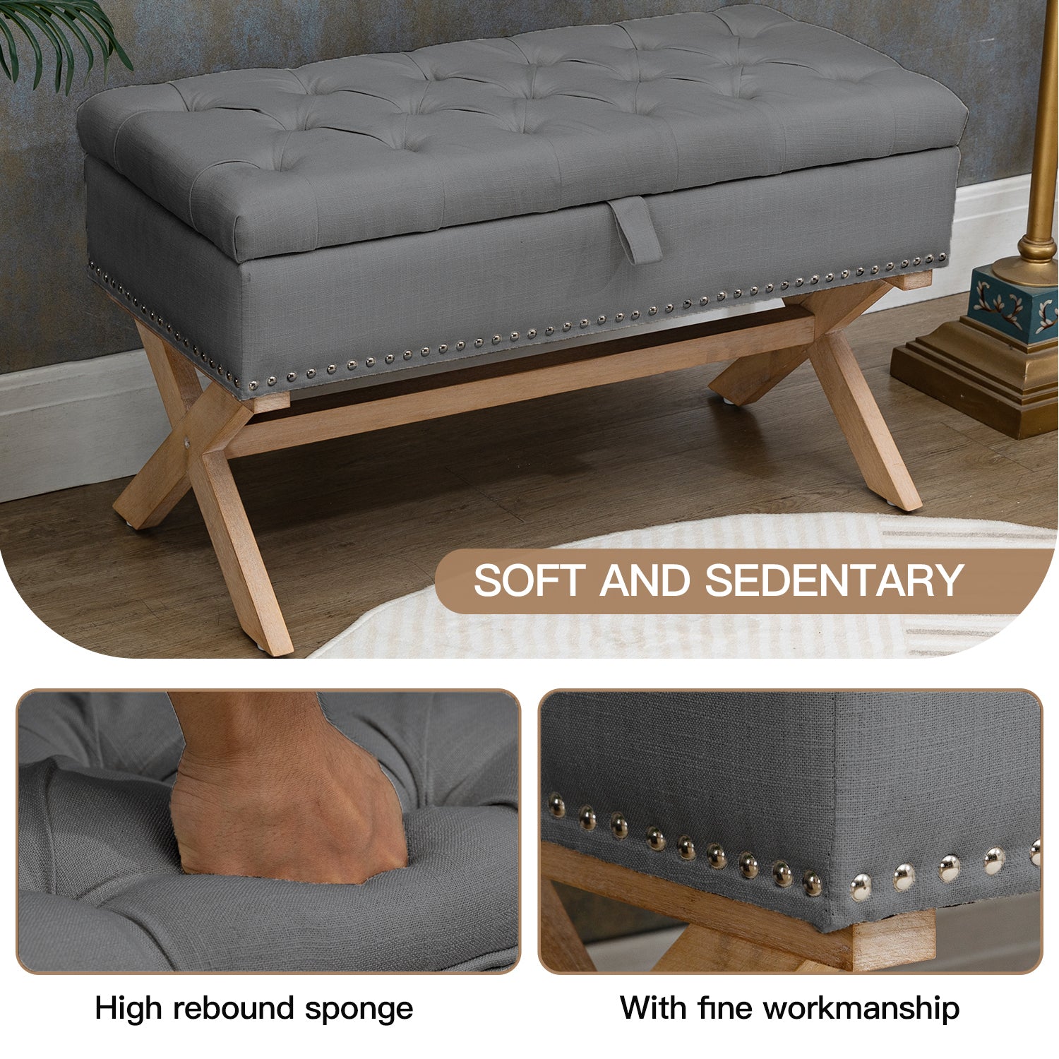 35 Inch Storage Ottoman, Button Tufted Ottoman Linen Storage Bench, Ottoman With Storage Antique Dark Grey Linen Or Linen Blend Bedroom Rectangular Antique Rubberwood Wood Internal Storage Foam Cotton Linen