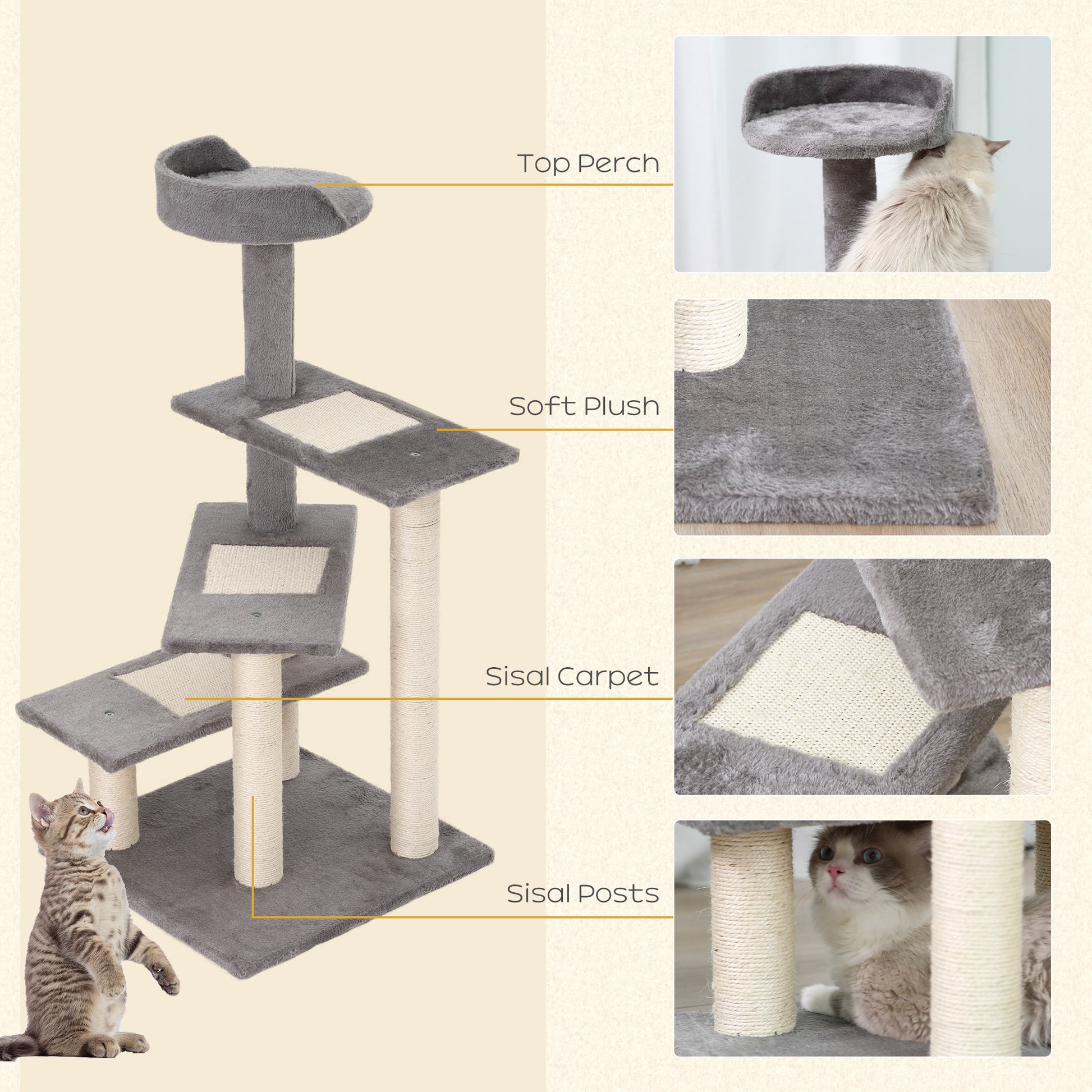 Pawhut 40" 5 Level Revolving Stair Cat Tree Scratcher Climbing Activity Tower With Play Center And Resting Perch, Grey Gray Particle Board