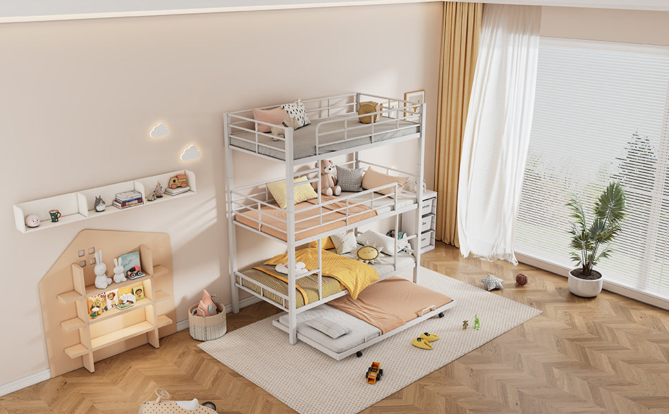 Metal Twin Size Triple Bunk Bed With Trundle, White Antique White Metal