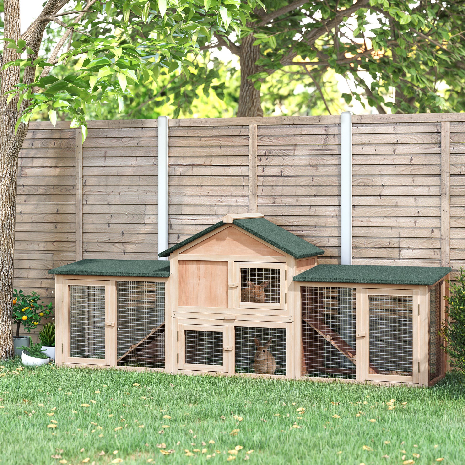 Pawhut 83"L Outdoor Rabbit Hutch, Guinea Pig Cage Indoor Outdoor Wooden Bunny Hutch With Double Runs, Weatherproof Roof, Removable Tray, Ramps, Natural Yellow Wood