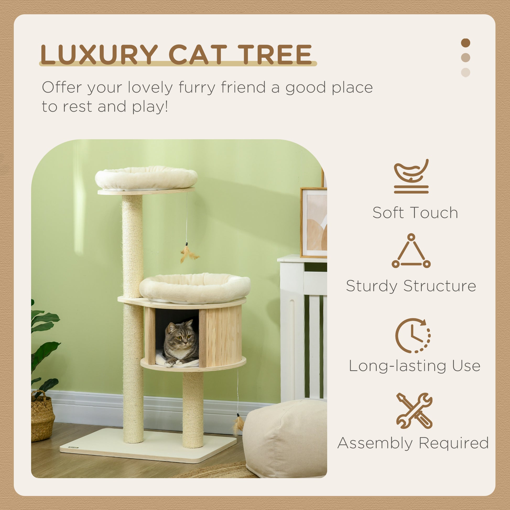 Pawhut 3 Level Cat Tree With Sisal Scratching Posts, Fun Cat Badminton Toy For Playing, Soft Cushions, & Play Areas Natural Particle Board