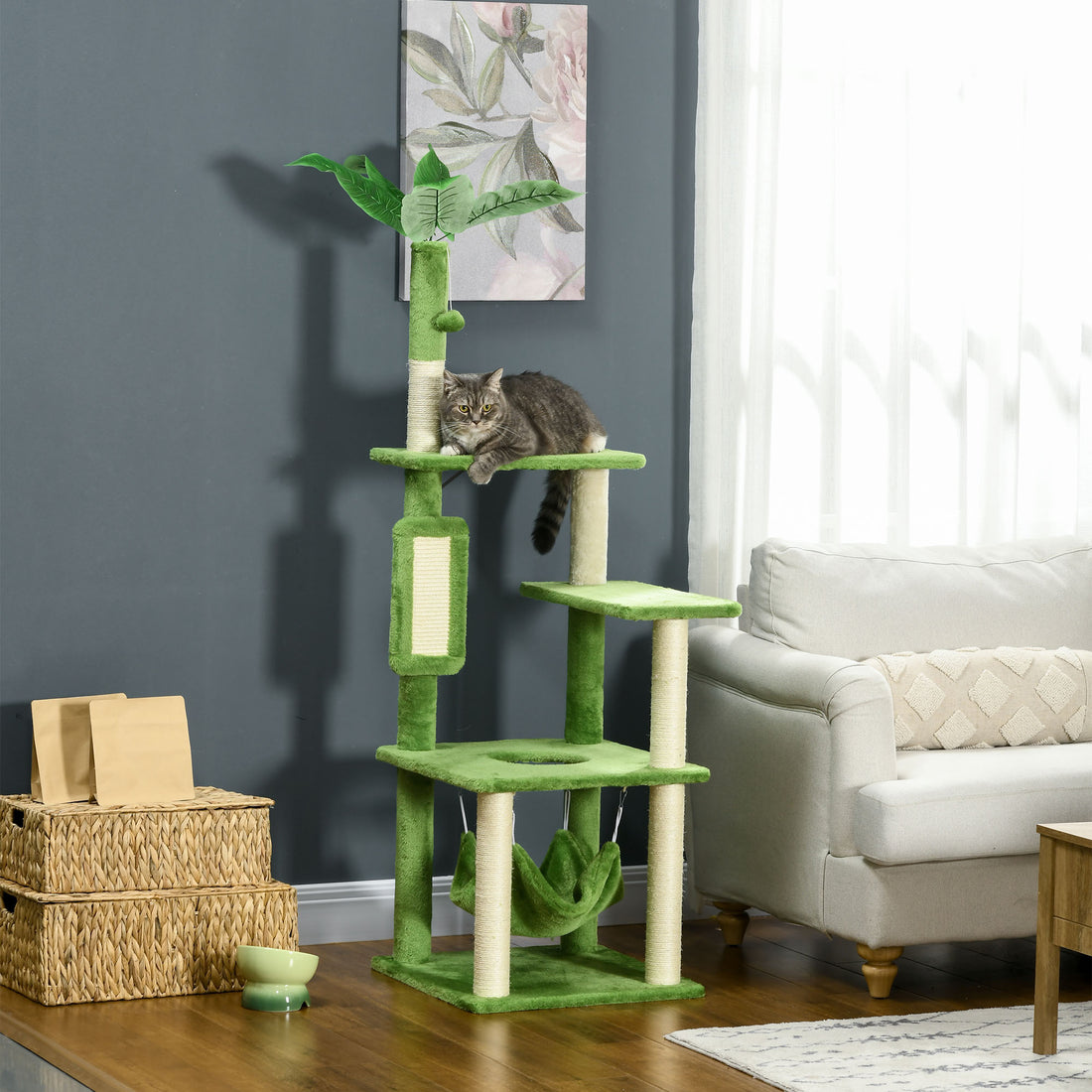 Pawhut 56" Cat Tree For Indoor Cats With Hammock, Cat Tower With Scratching Post, Platforms, Play Ball And Anti Tipping Device, For Indoor Cats, Green Green Particle Board