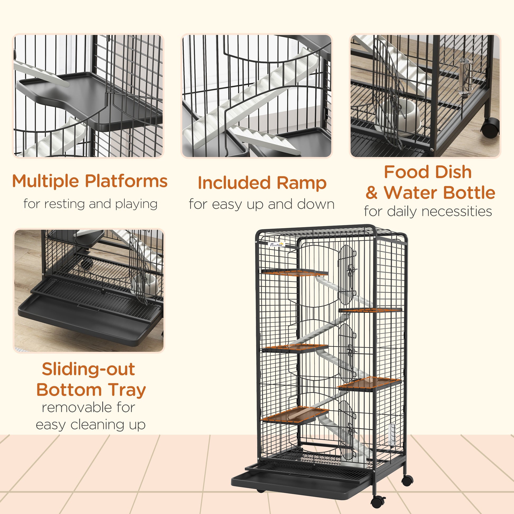 Pawhut 6 Level Small Animal Cage For Dwarf Rabbits, Pet Minks, And Chinchillas W Removable Tray, Ramp, Water Bottle, Food Dish, Small Pet Cage For Indoor Use, Black Black Steel