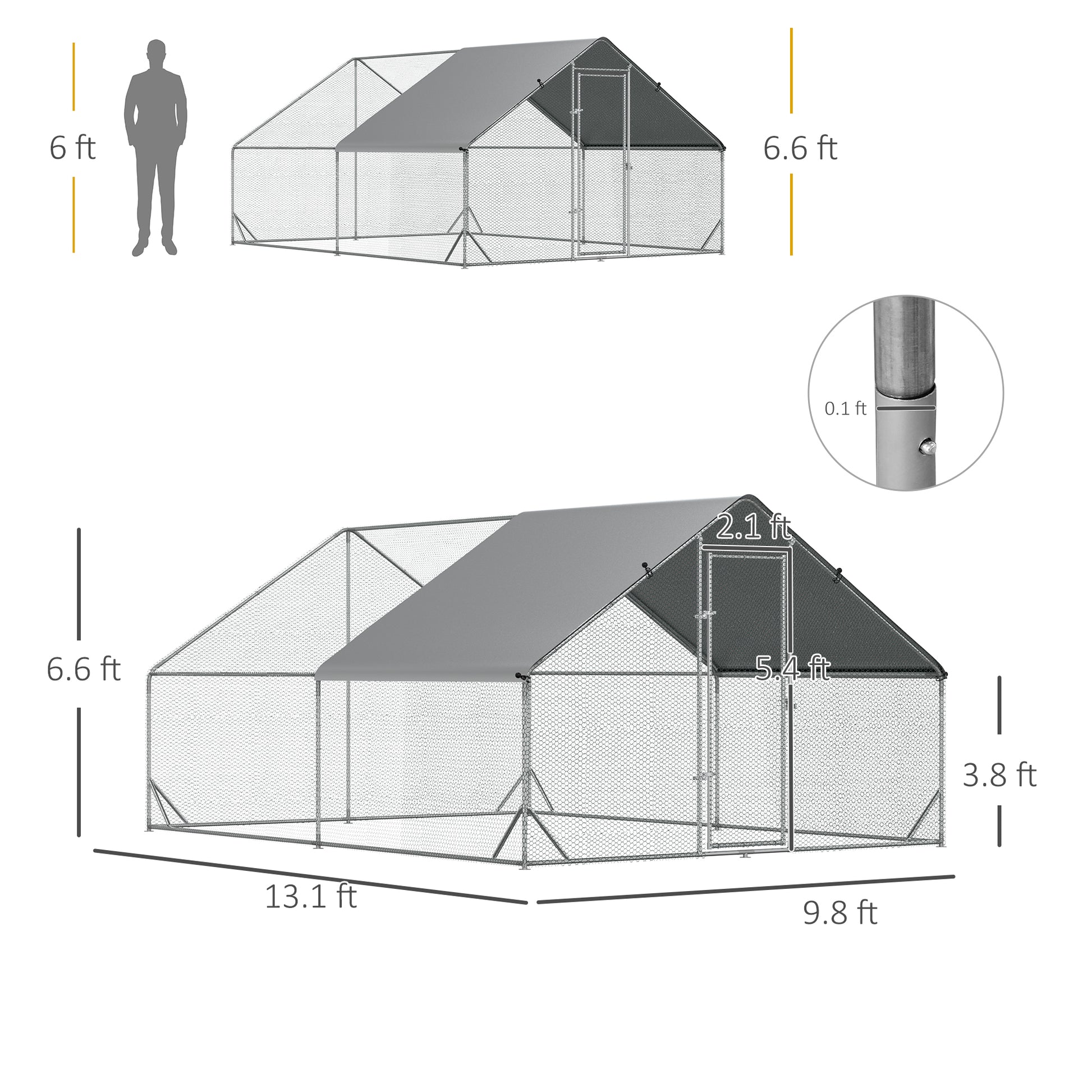 Pawhut Large Chicken Coop Metal Chicken Run With Waterproof And Anti Uv Cover, Spire Shaped Walk In Fence Cage Hen House For Outdoor And Yard Farm Use, 1" Tube Diameter, 9.8' X 13.1' X 6.6' Silver Steel