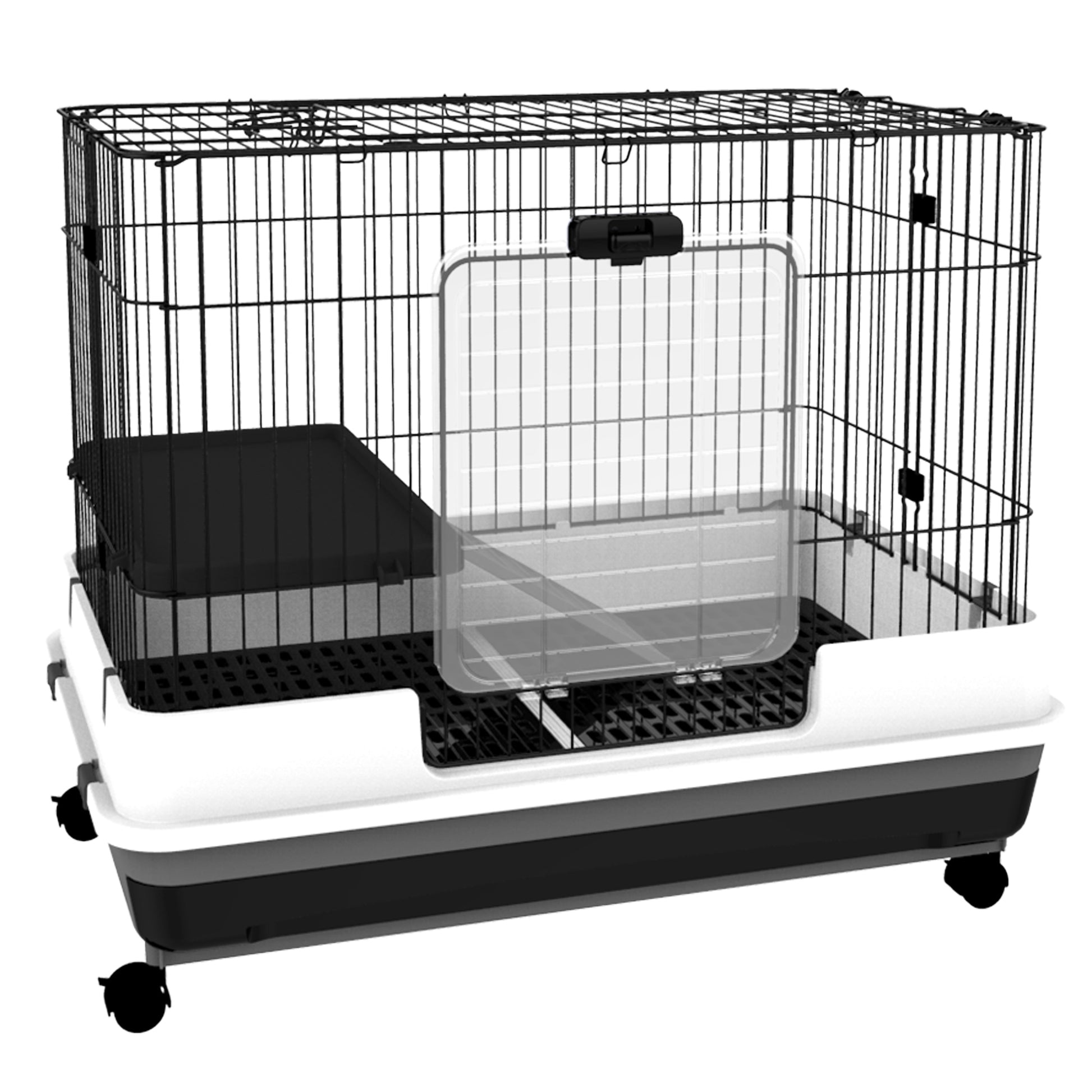 Pawhut 2 Level Small Animal Cage Rabbit Hutch With Wheels, Removable Tray, Platform And Ramp For Bunny, Chinchillas, Ferret, Black Black Steel