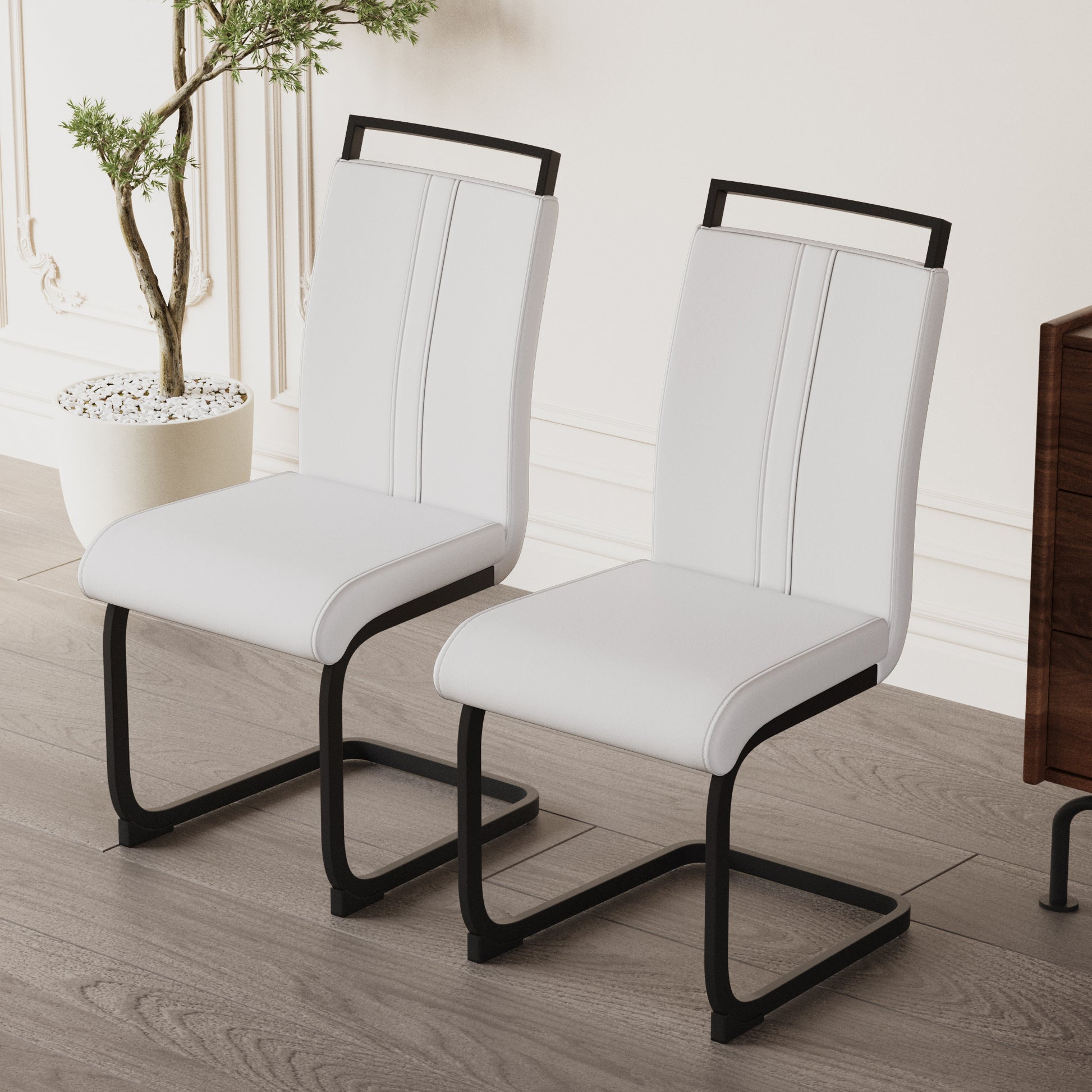 Modern Dining Chairs,Pu Faux Leather High Back Upholstered Side Chair With C Shaped Tube.Black Metal Legs For Dining Room Kitchen Vanity Patio Club Guest Office Chair Set Of 2 White Pu White Kitchen Dining Chairs Foam Pu