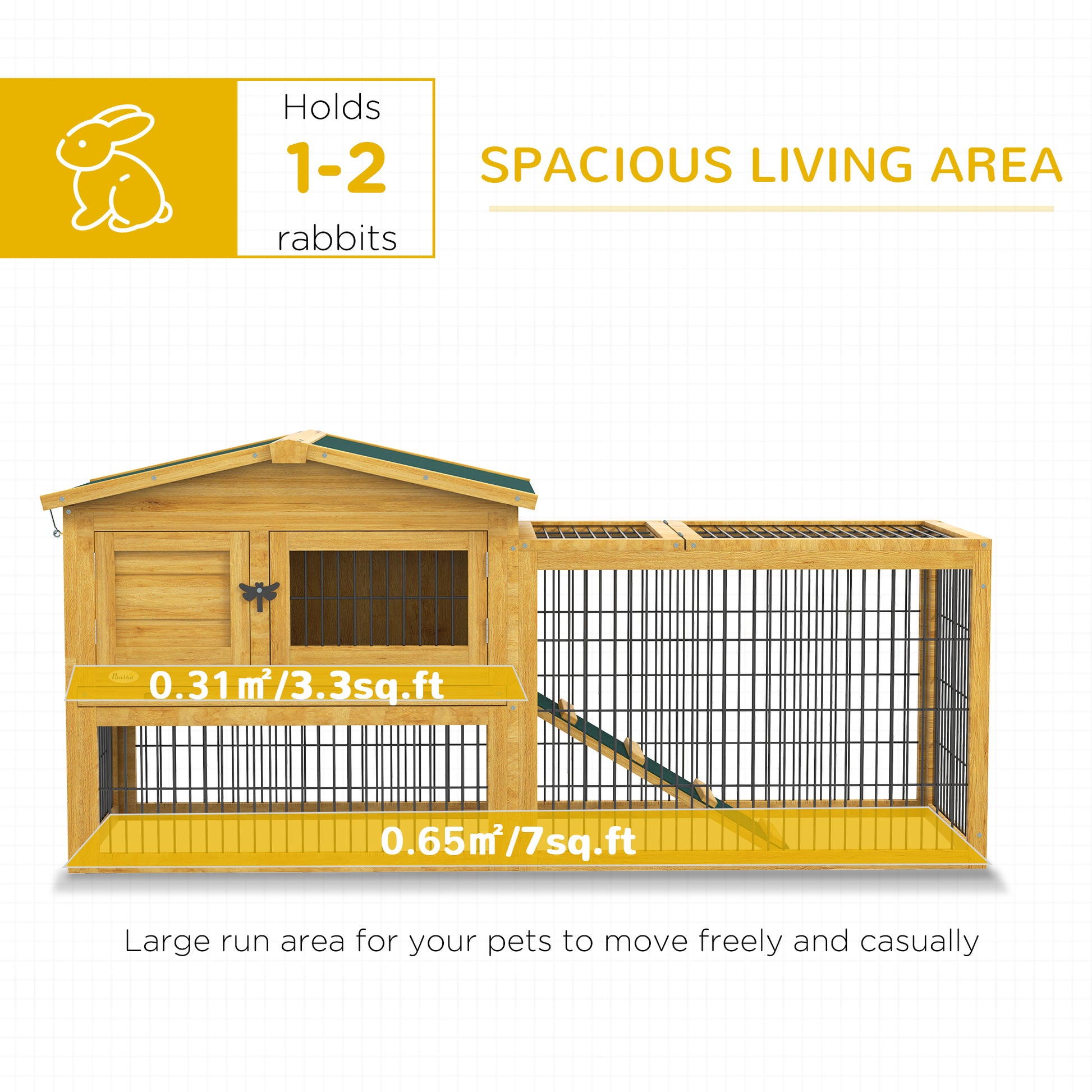 Pawhut 2 Levels Outdoor Rabbit Hutch With Openable Top, 59" Wooden Large Rabbit Cage With Run Weatherproof Roof, Removable Tray, Ramp, Yellow Yellow Wood