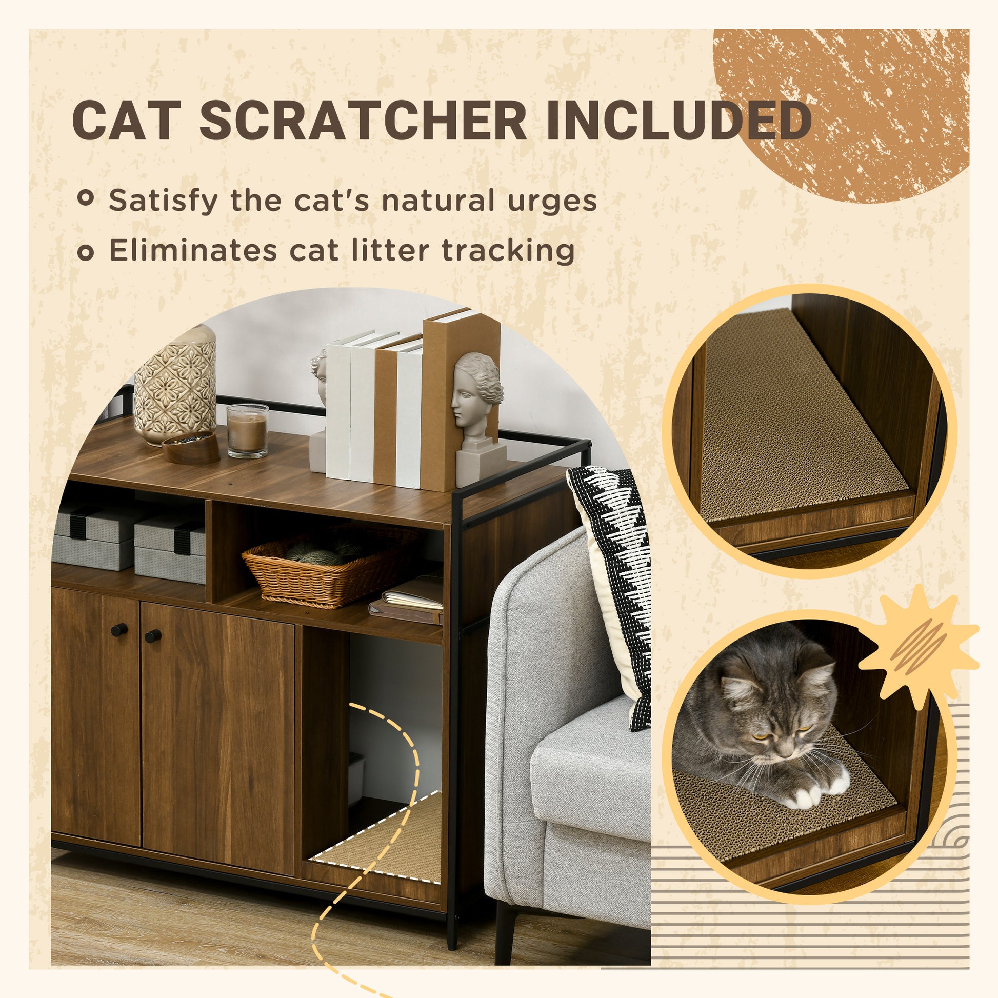 Pawhut Cat Litter Box Cabinet, Hidden Cat Litter Box With Scratching Pad, Storage, Double Doors, Furniture Style, Brown Brown Particle Board