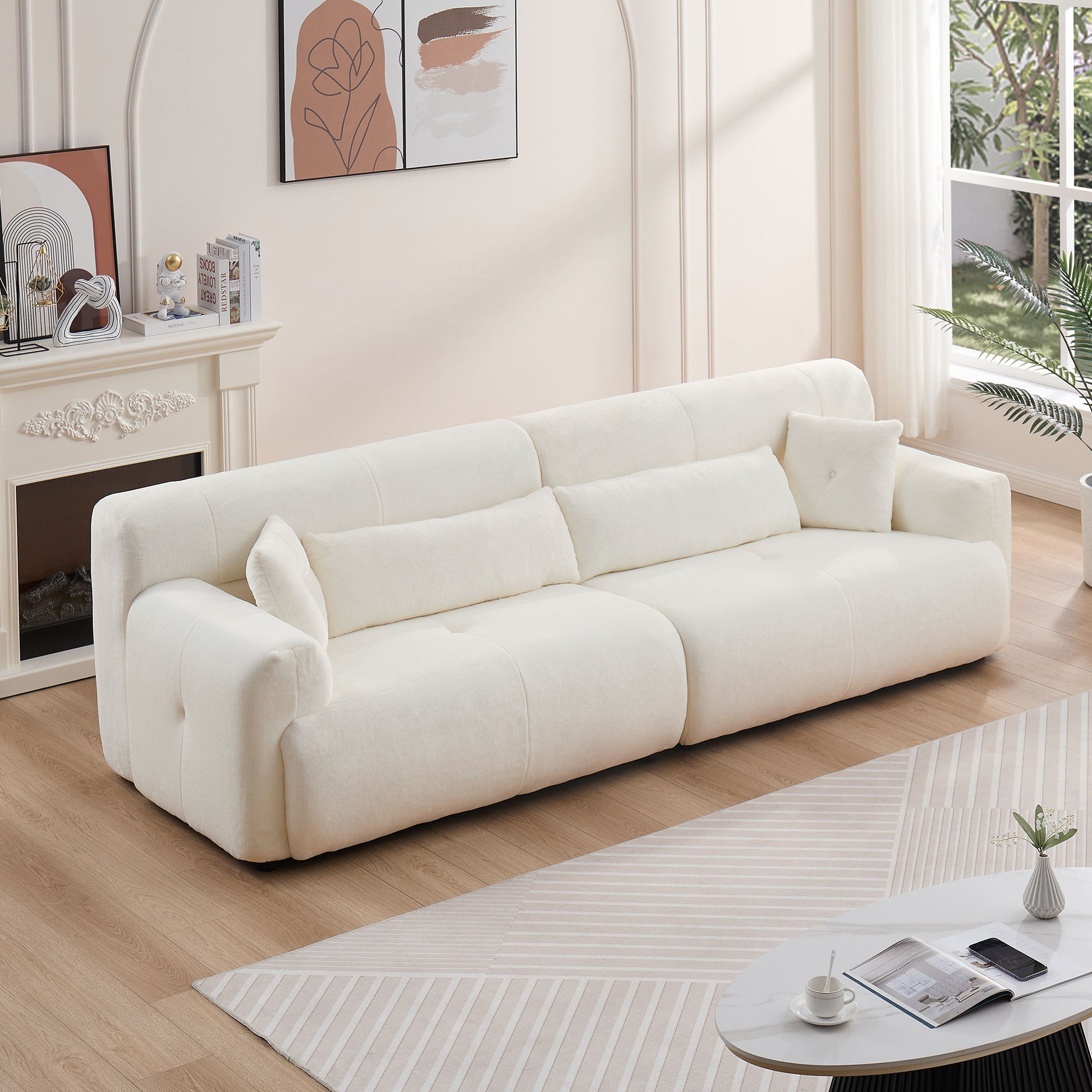 111.81'' Soft Thick Fuzzy Faux Rabbit Fur Couch Sofa ,Luxury Cute Cozy Furry Couch,Plush Warm Fleece Fluffy Ultra Soft Fabric Sofa,Beige. Beige Faux Fur
