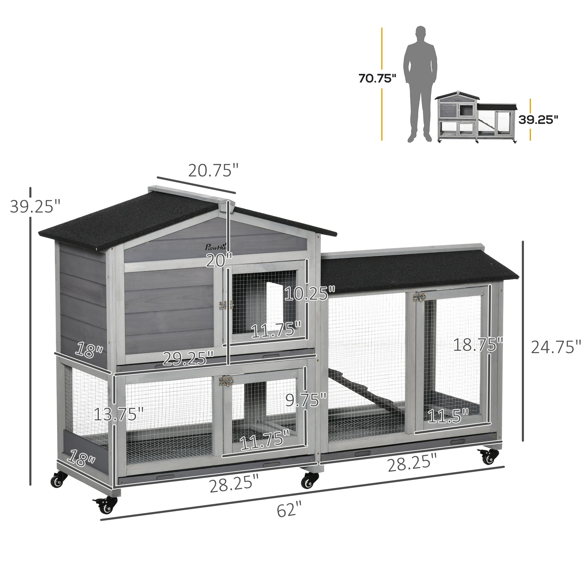 Pawhut 62" Wooden Rabbit Hutch, Bunny Cage, Pet Playpen House With Wheels, Run Box, No Leak Tray, And Ramp For Small Animals, Indoor Outdoor Use, Light Gray Gray Wood