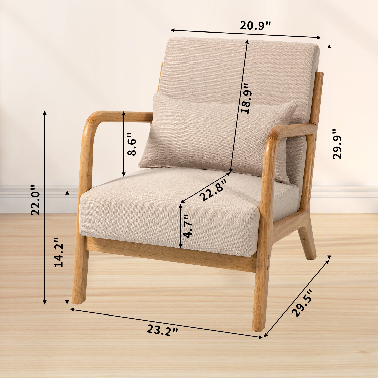 Leisure Chair With Solid Wood Armrest And Feet, Mid Century Modern Accent Sofa,1 Seat Beige Linen
