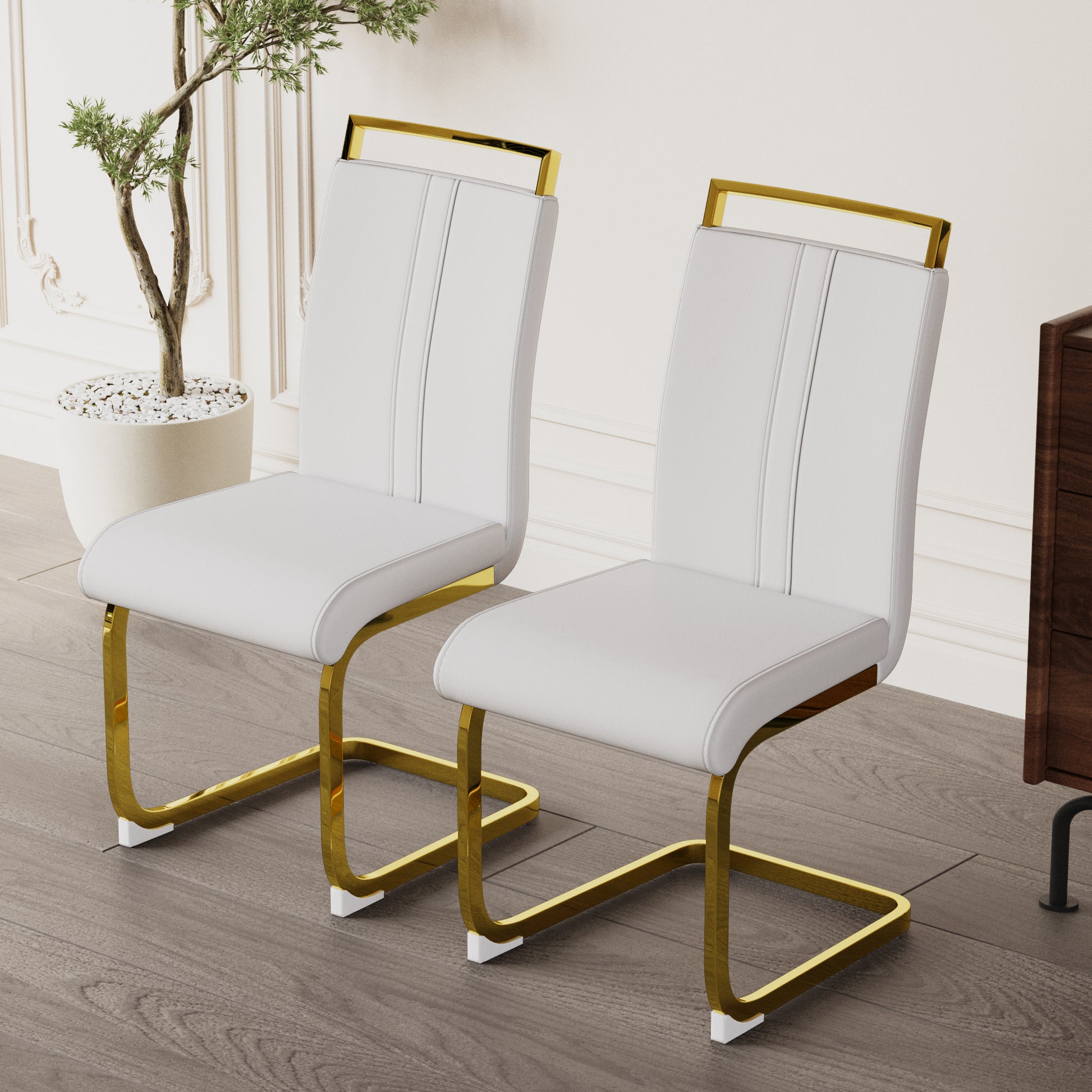 Modern Dining Chairs,Pu Faux Leather High Back Upholstered Side Chair With C Shaped Tube. Plating Golden Metal Legs For Dining Room Kitchen Vanity Patio Club Guest Office Chair Set Of 4 White Pu White Kitchen Dining Chairs Foam Pu